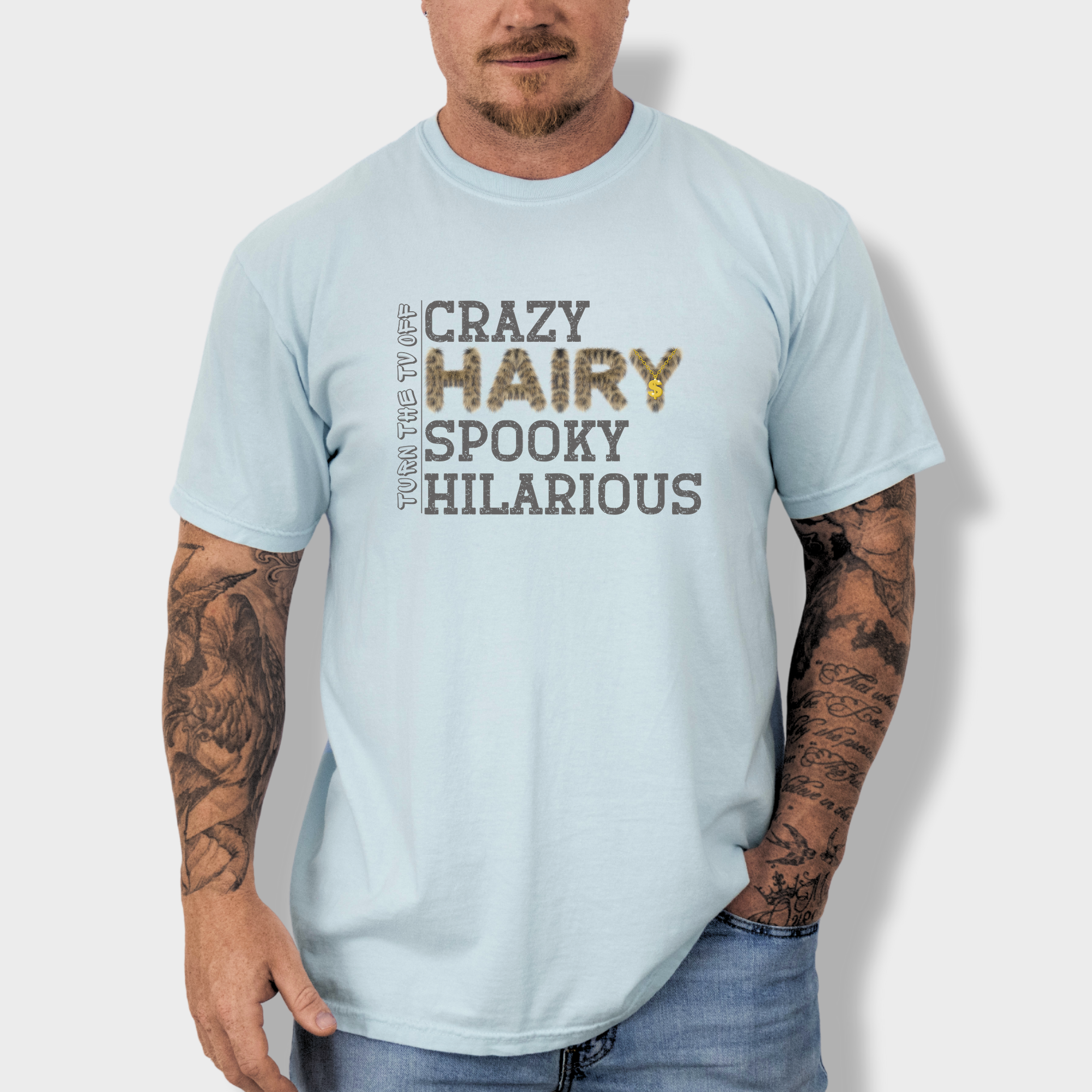 Soft cotton T-shirt showcasing a unique fur-style font with a gold chain accent on the letter Y, adding a fun and hip-hop-inspired twist.