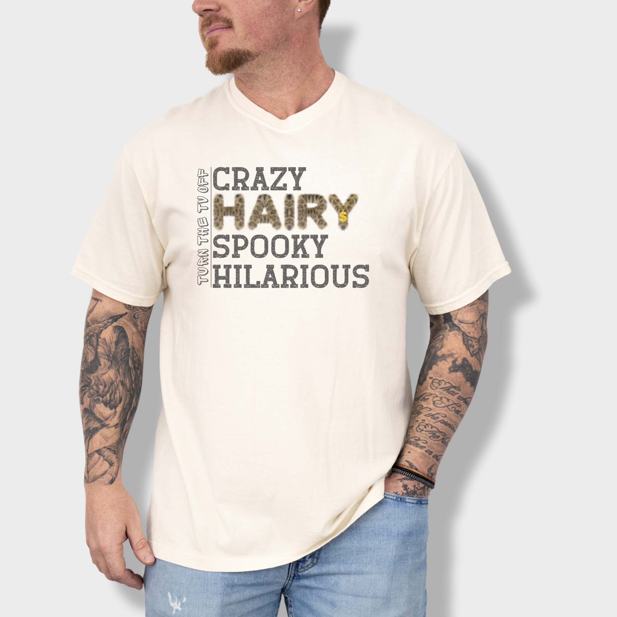 Soft cotton T-shirt showcasing a unique fur-style font with a gold chain accent on the letter Y, adding a fun and hip-hop-inspired twist.