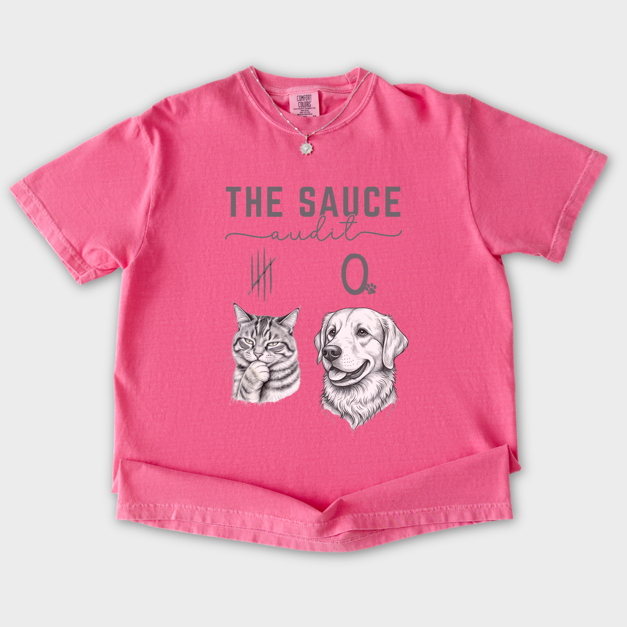Line Art Who Gives the Sauce Cat v Dog Sauce Audit Cat Graphic Comfort Colors T-Shirt in Crunchberry-T-Shirt-Crunchberry-S-Fetch N Found
