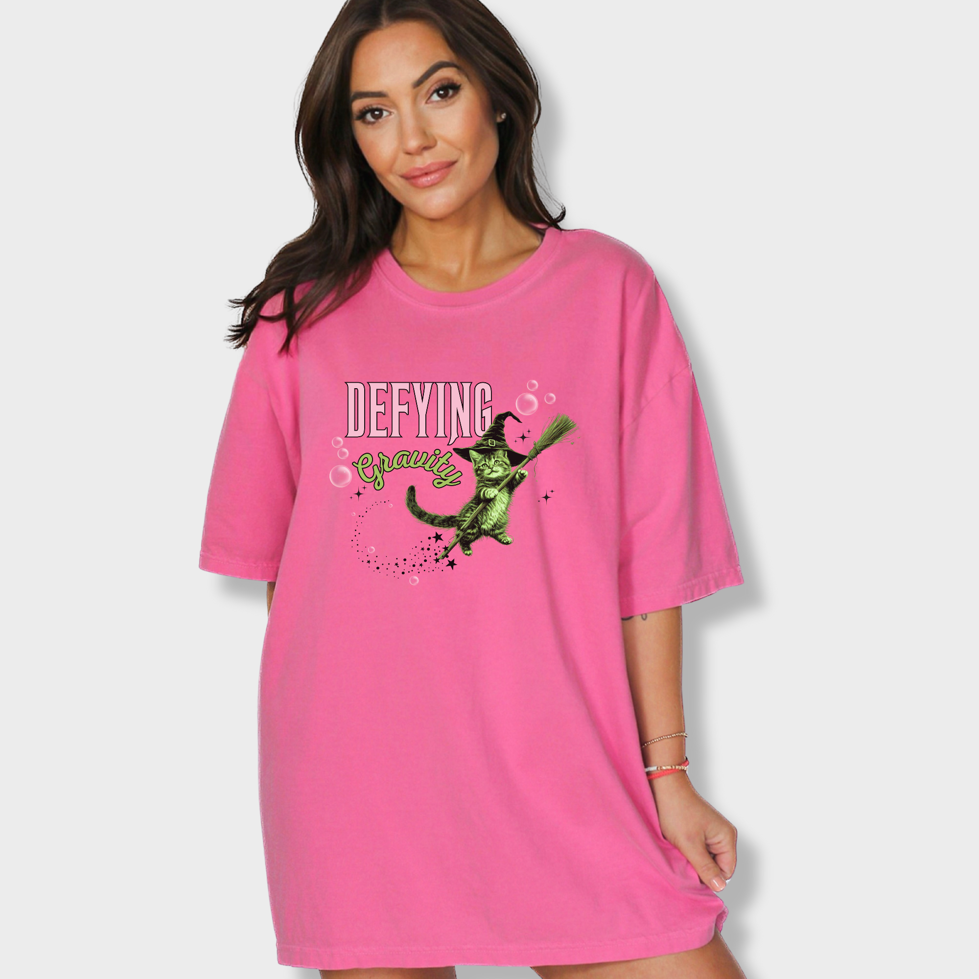 Retro Cute Cat Graphic Defying Gravity Wicked-Inspired T-Shirt in Crunchberry