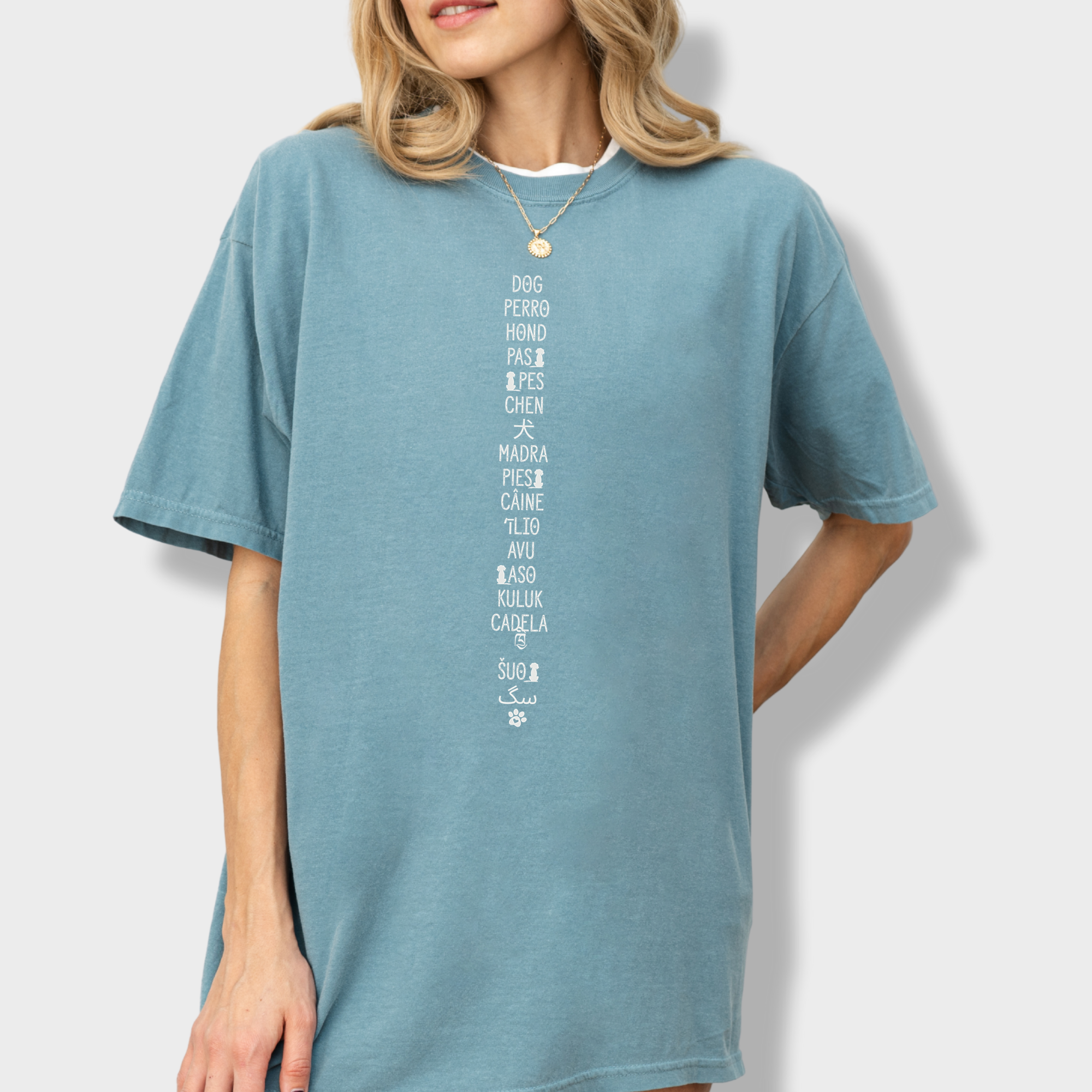 DOG In Many Languages Graphic Comfort Colors T-Shirt in Ice Blue-T-Shirt-Ice Blue-Fetch N Found