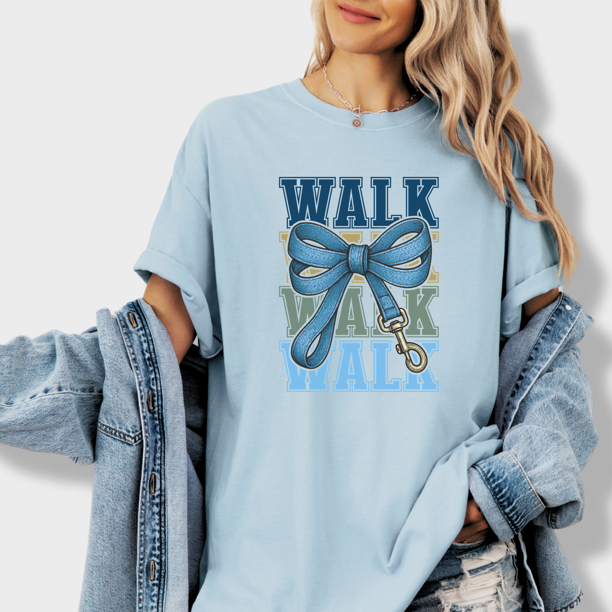 Retro WALK Dog Leash Bow Dog Bow Comfort Colors T-Shirt in Chambray-Fetch N Found