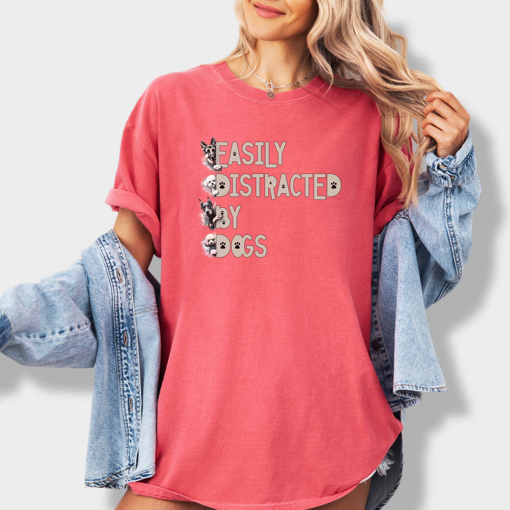 Whimsical dog lover’s T-shirt featuring a watercolor German Shepherd, Bichon Frise, Doberman, and Miniature Poodle alongside a fun pet-related phrase.
