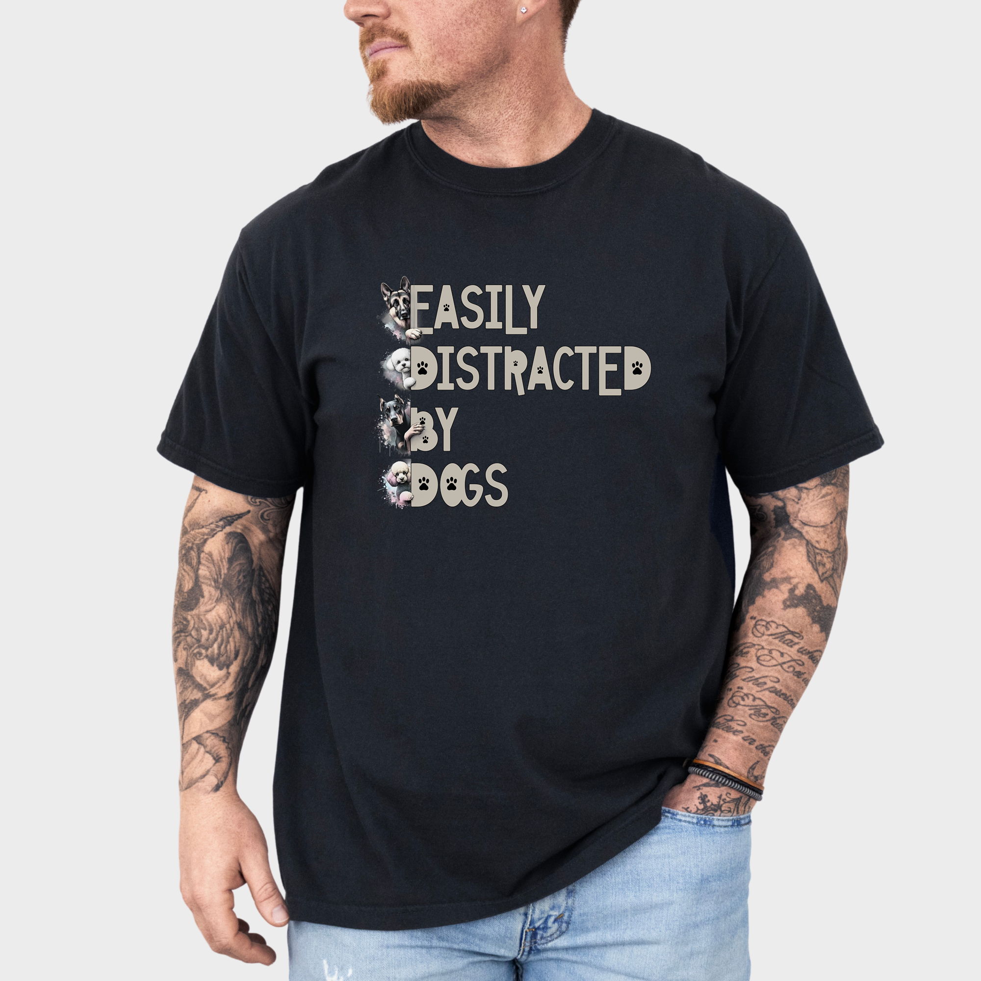 Soft cotton dog-themed T-shirt showcasing a fun, artistic font with watercolor illustrations of popular dog breeds.