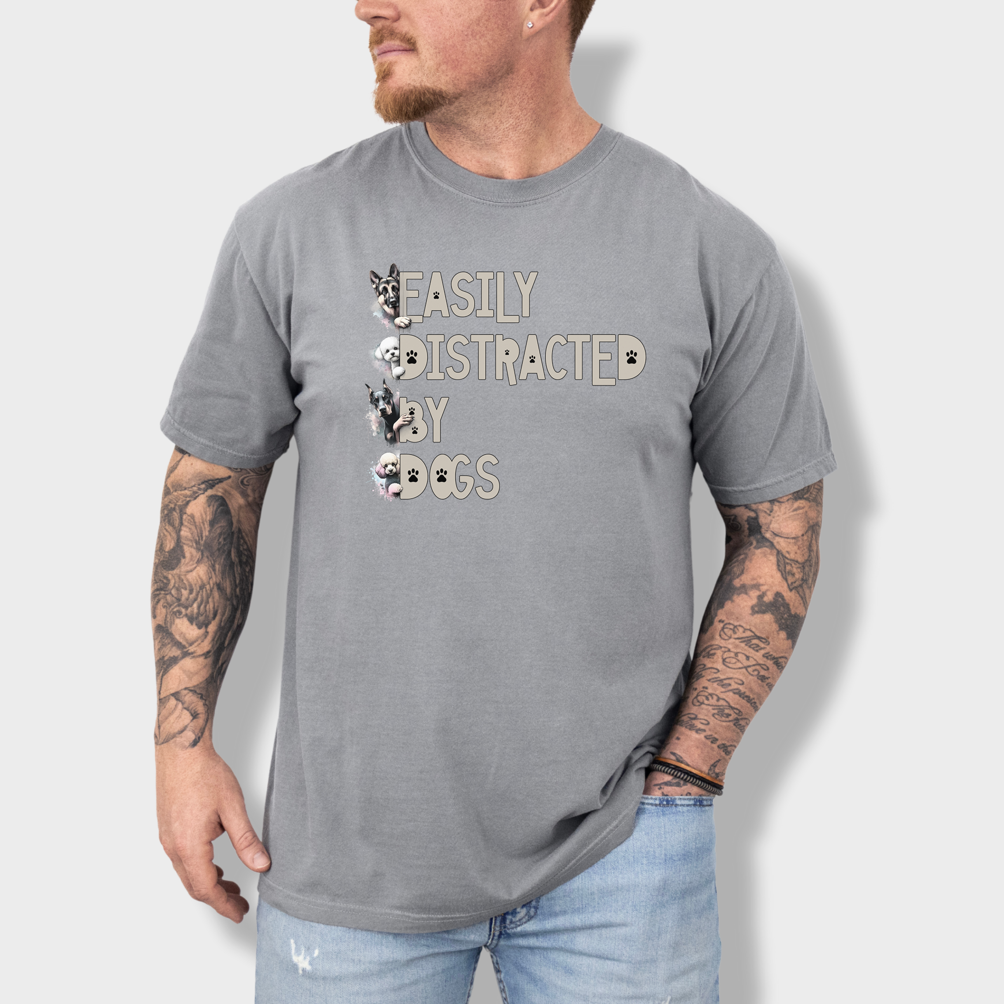 Soft cotton dog-themed T-shirt showcasing a fun, artistic font with watercolor illustrations of popular dog breeds.