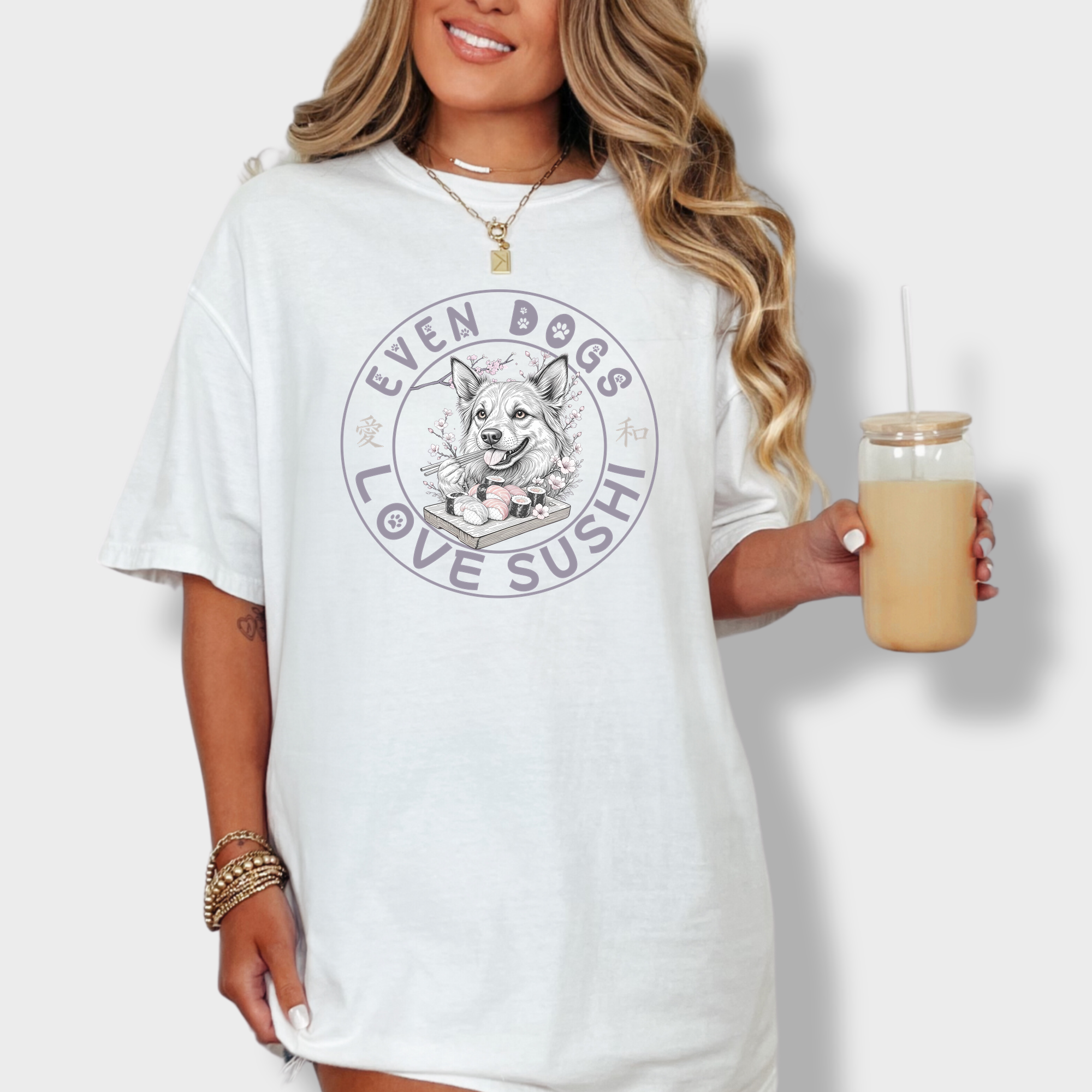 Floral Even Dogs Love Sushi Plus Cherry Blossoms Dog Graphic Comfort Colors T-Shirt in White-T-Shirt-White-Fetch N Found
