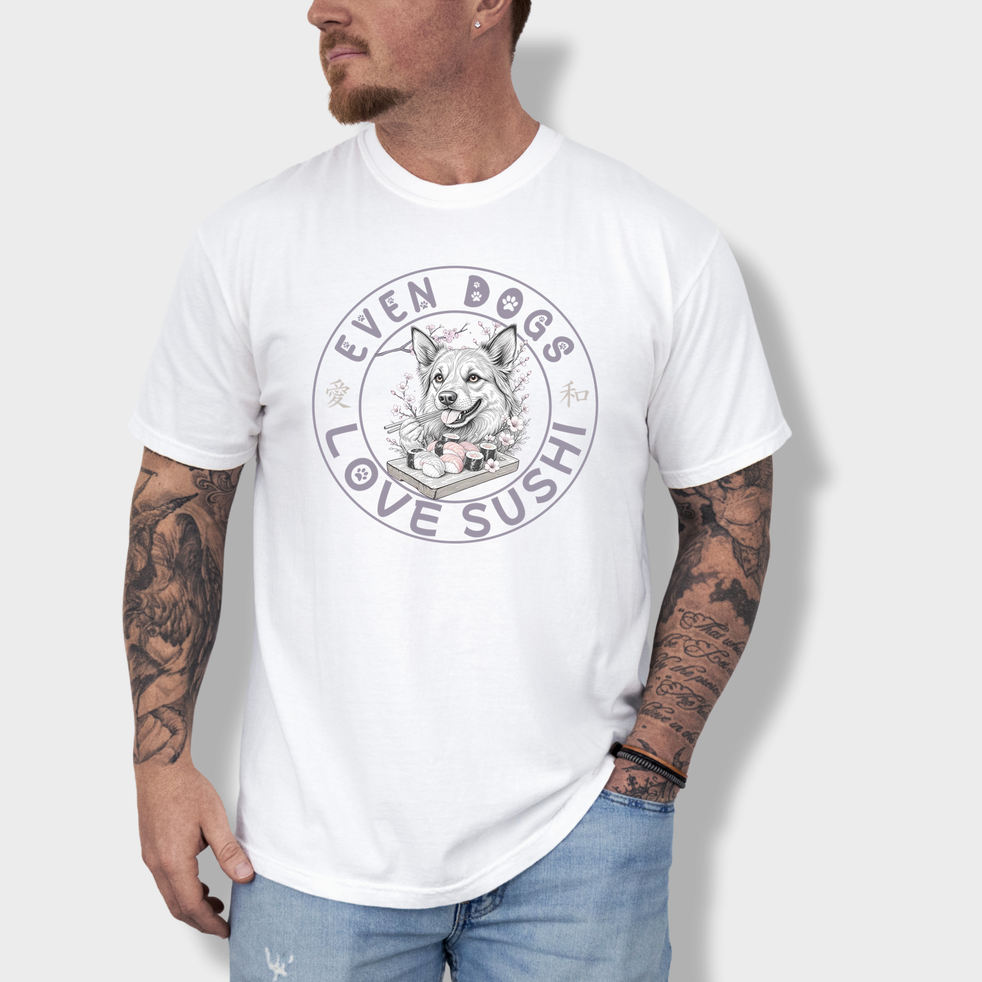 Floral Even Dogs Love Sushi Plus Cherry Blossoms Dog Graphic Comfort Colors T-Shirt in White-T-Shirt-White-Fetch N Found