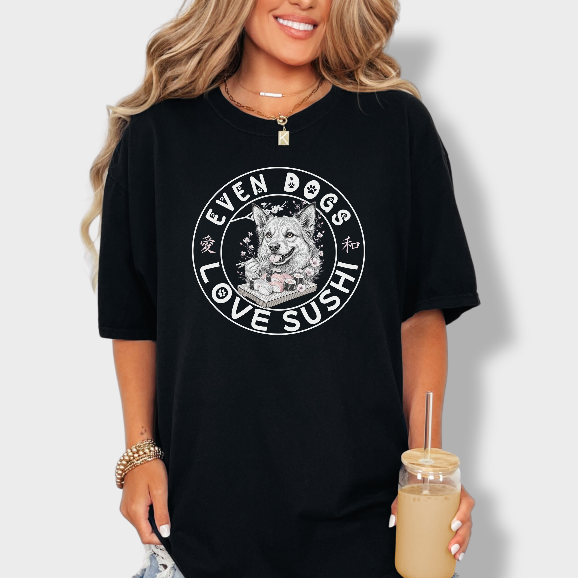 Floral Even Dogs Love Sushi Plus Cherry Blossoms Dog Graphic Comfort Colors T-Shirt in Black-T-Shirt-Black-Fetch N Found