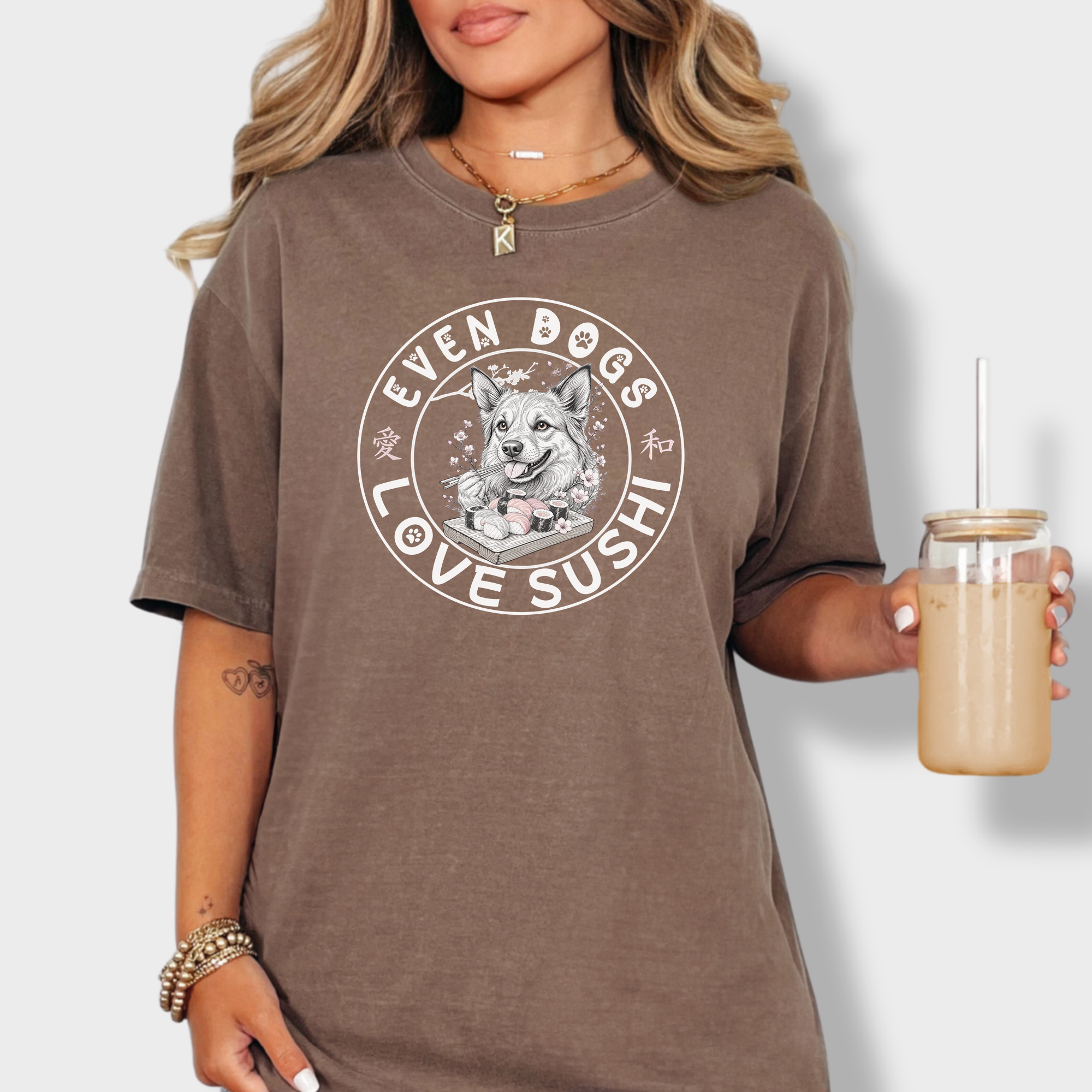 Floral Even Dogs Love Sushi Plus Cherry Blossoms Dog Graphic Comfort Colors T-Shirt in Espresso-T-Shirt-Espresso-Fetch N Found