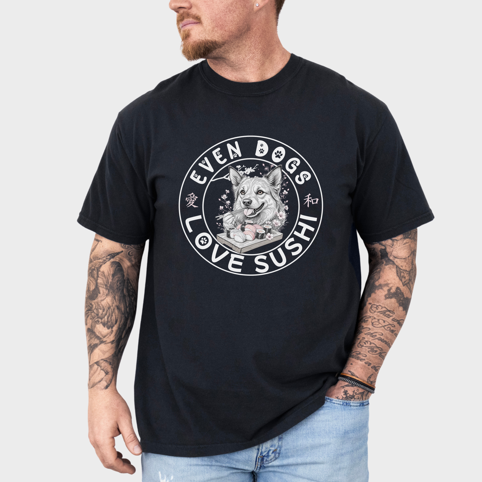 Floral Even Dogs Love Sushi Plus Cherry Blossoms Dog Graphic Comfort Colors T-Shirt in Black-T-Shirt-Black-Fetch N Found