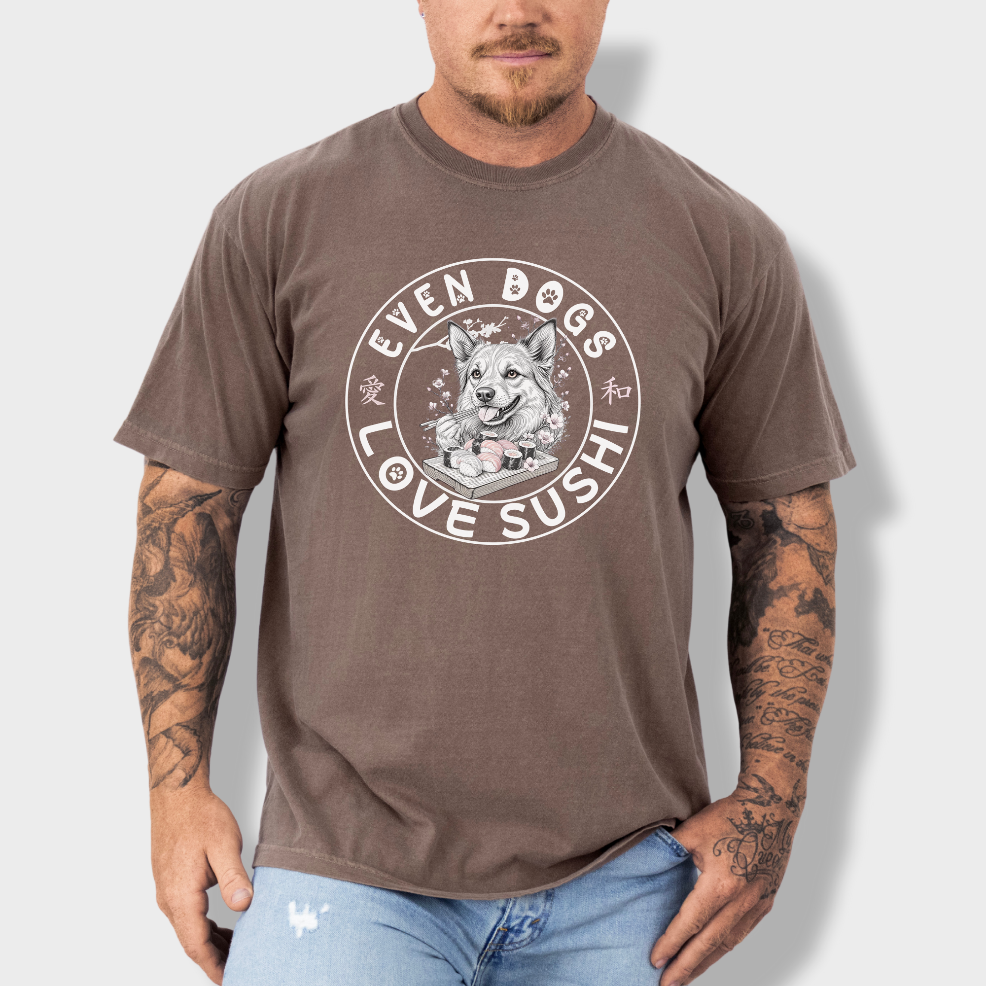 Floral Even Dogs Love Sushi Plus Cherry Blossoms Dog Graphic Comfort Colors T-Shirt in Espresso-T-Shirt-Espresso-Fetch N Found