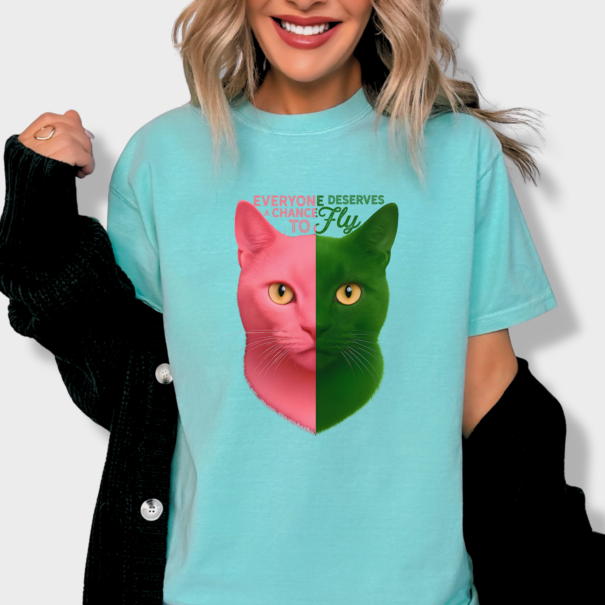 Movie-Inspired Everyone Deserves a Chance To Fly Cat Graphic Comfort Colors T-Shirt in Chalky Mint-T-Shirt-Chalky Mint-Fetch N Found