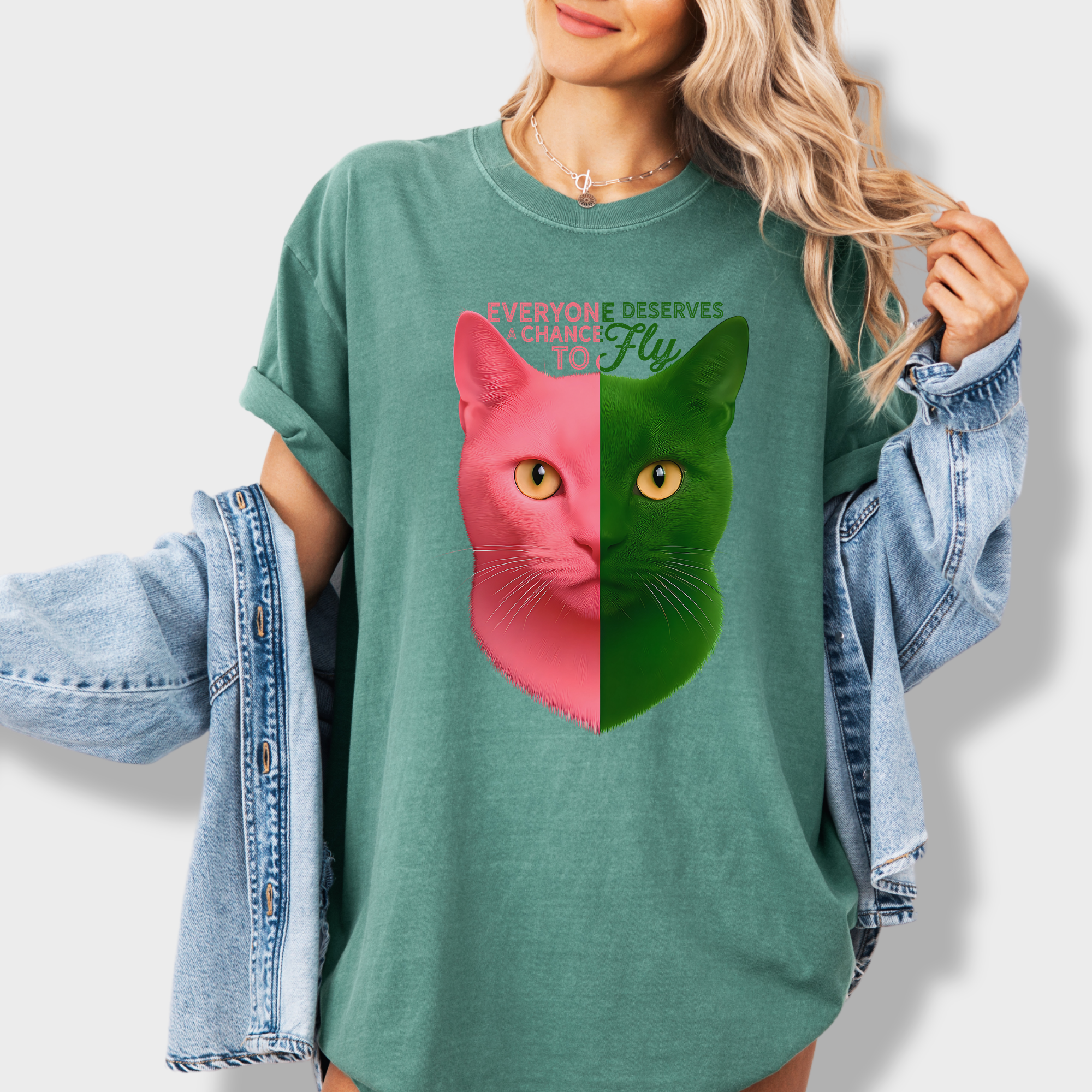 Movie-Inspired Everyone Deserves a Chance To Fly Cat Graphic Comfort Colors T-Shirt in Light Green-T-Shirt-Light Green-Fetch N Found