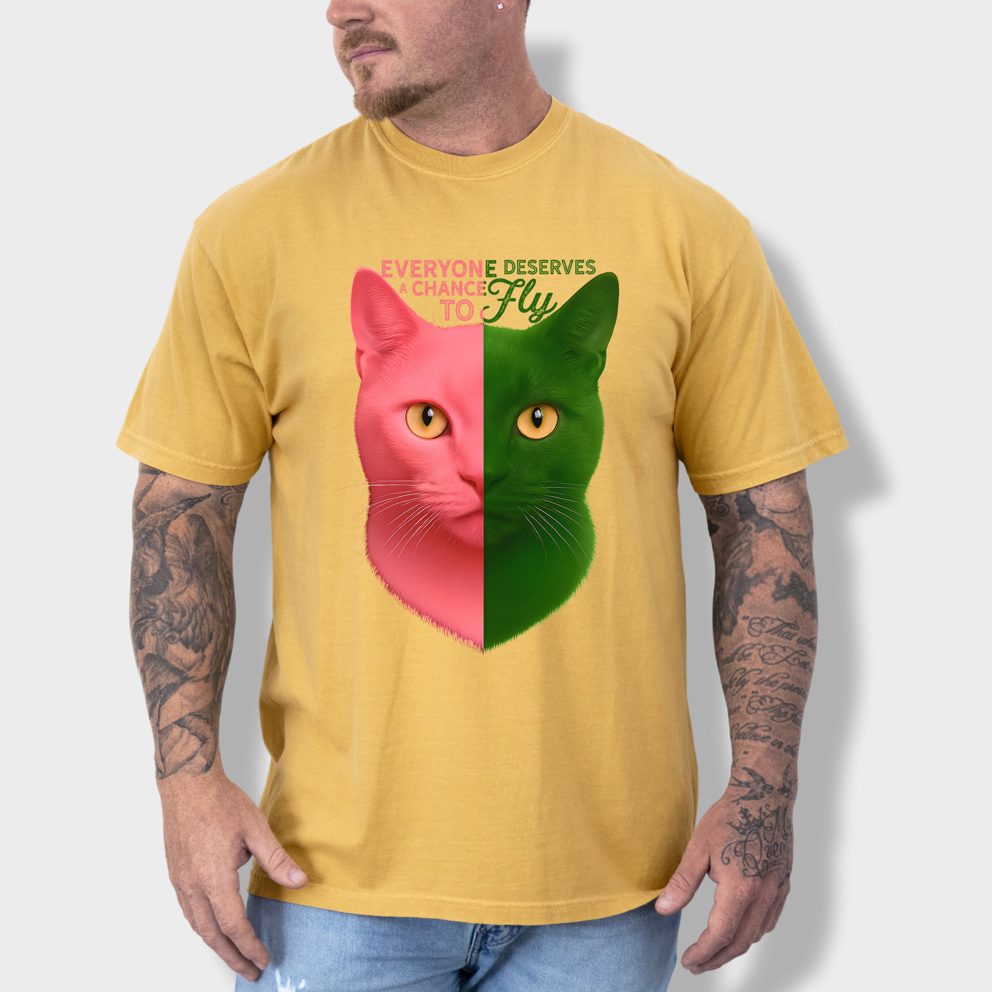Movie-Inspired Everyone Deserves a Chance To Fly Cat Graphic Comfort Colors T-Shirt in Mustard-T-Shirt-Mustard-Fetch N Found