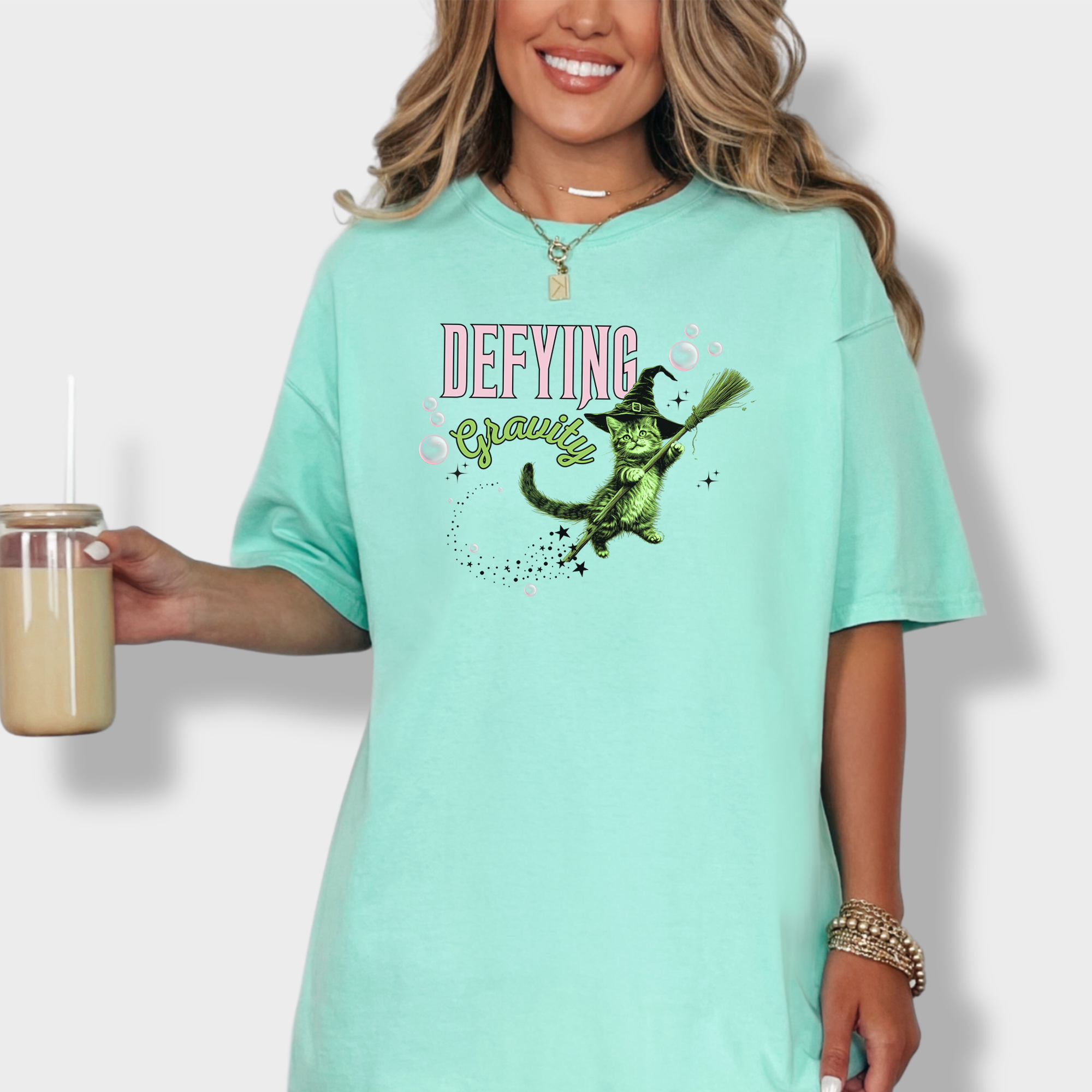 Retro Cute Cat Graphic Defying Gravity Wicked-Inspired T-Shirt in Island Reef-T-Shirt-Island Reef-Fetch N Found