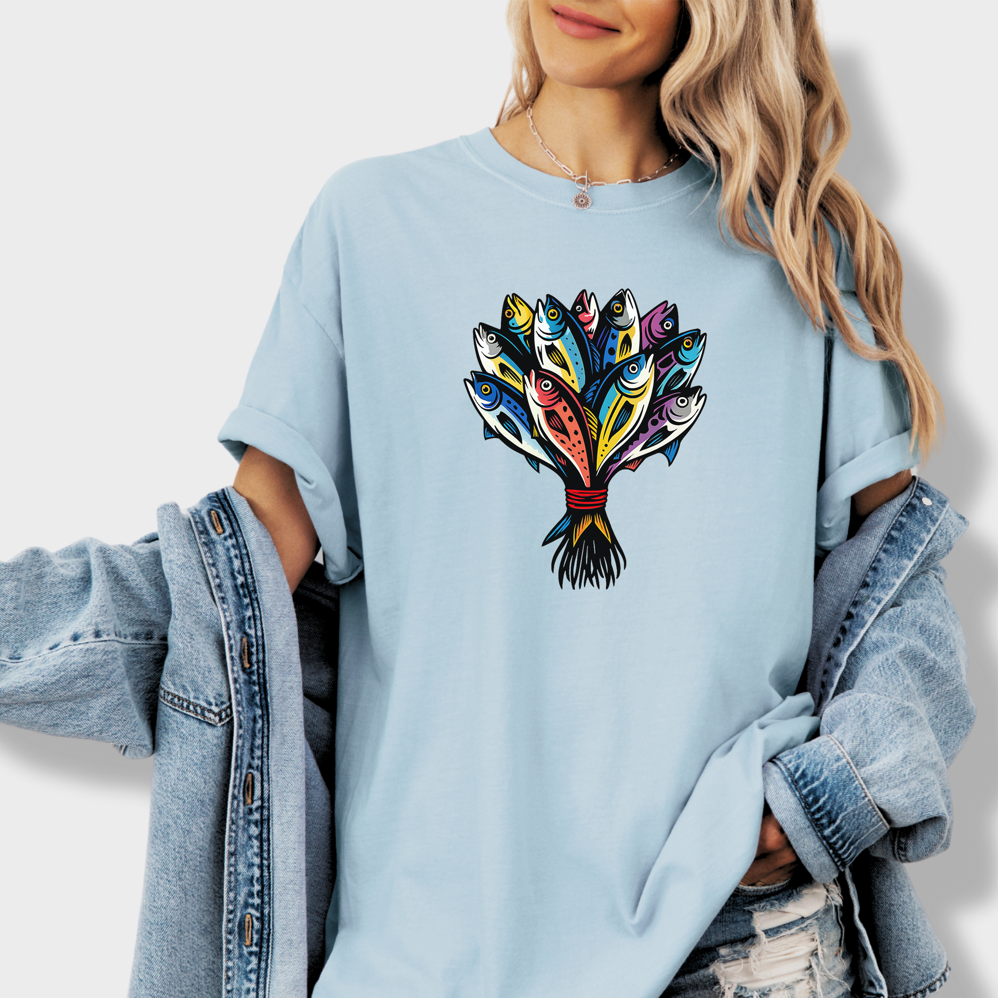 Artistic Fish Bouquet - A Cats Dream Cat Graphic Comfort Colors T-Shirt in Chambray-T-Shirt-Chambray-Fetch N Found