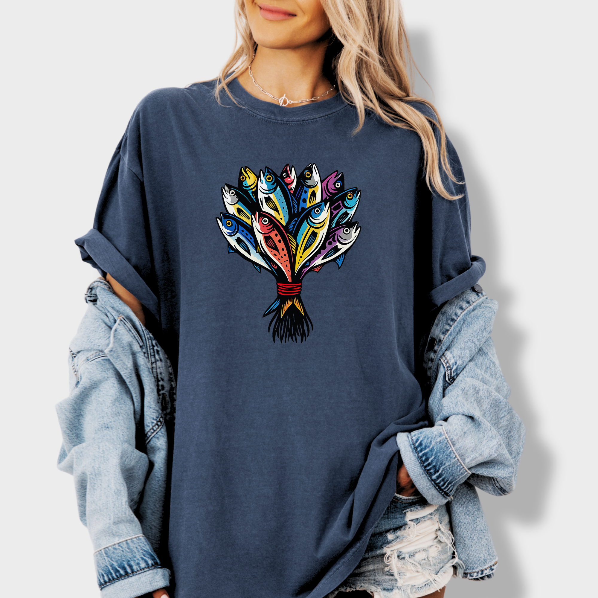 Artistic Fish Bouquet - A Cats Dream Cat Graphic Comfort Colors T-Shirt in Denim-T-Shirt-Denim-Fetch N Found