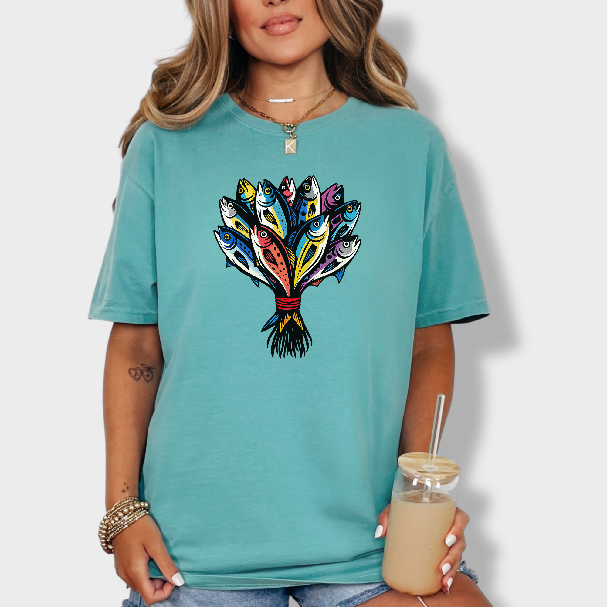 Artistic Fish Bouquet - A Cats Dream Cat Graphic Comfort Colors T-Shirt in Seafoam-T-Shirt-Seafoam-Fetch N Found