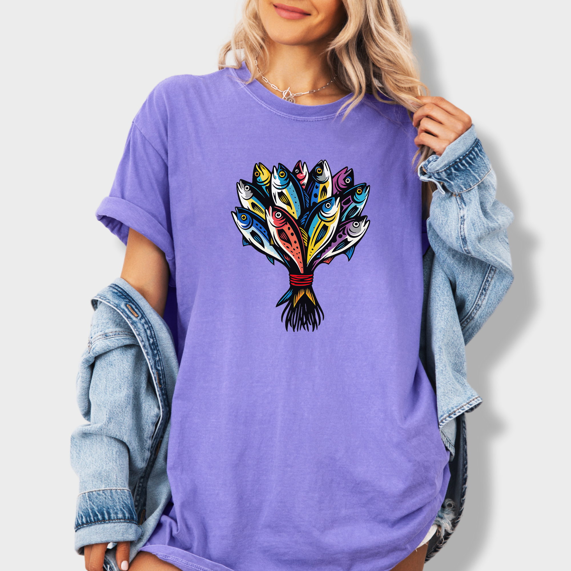 Artistic Fish Bouquet - A Cats Dream Cat Graphic Comfort Colors T-Shirt in Violet-T-Shirt-Violet-Fetch N Found