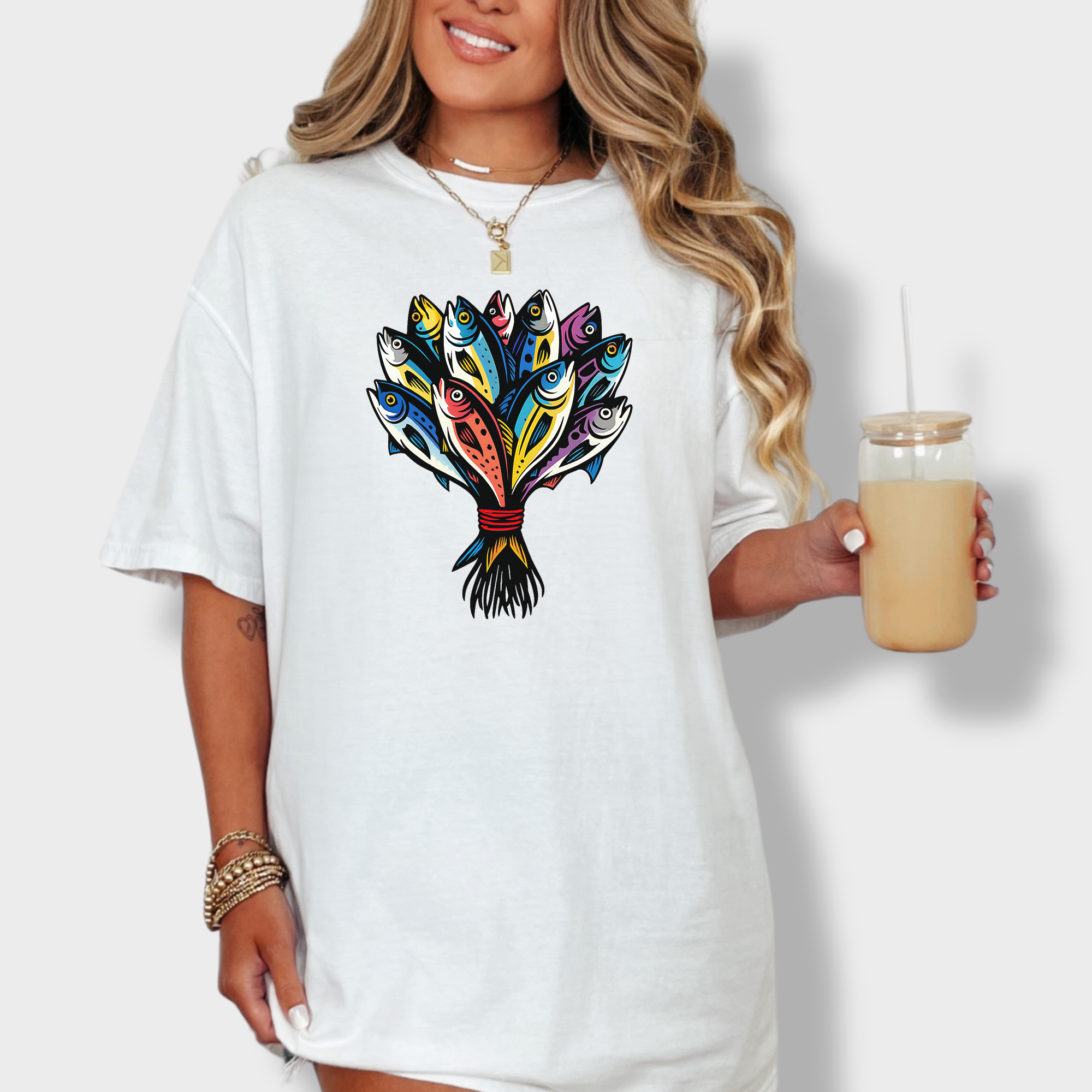 Artistic Fish Bouquet - A Cats Dream Cat Graphic Comfort Colors T-Shirt in White-T-Shirt-White-Fetch N Found