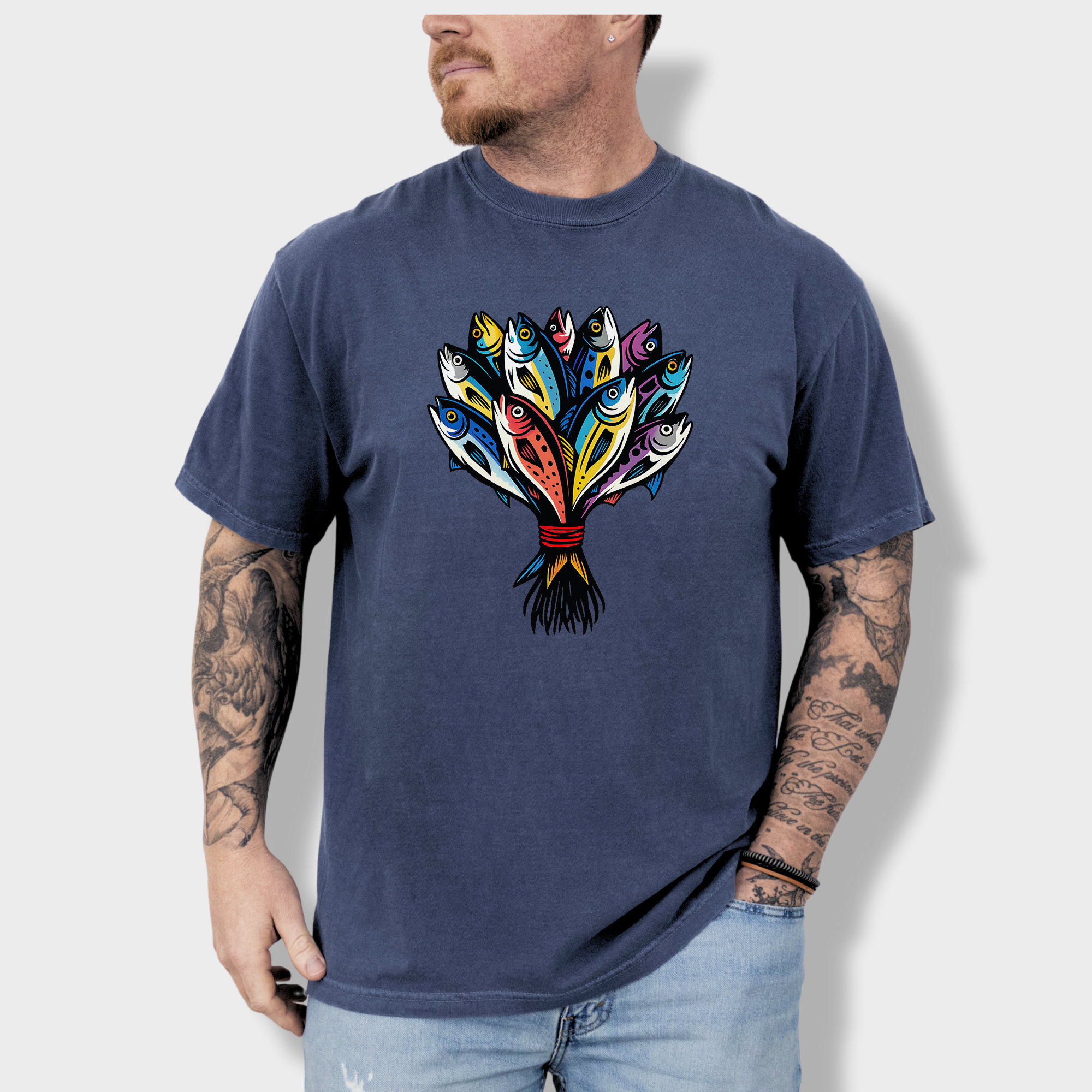 Artistic Fish Bouquet - A Cats Dream Cat Graphic Comfort Colors T-Shirt in Denim-T-Shirt-Denim-Fetch N Found