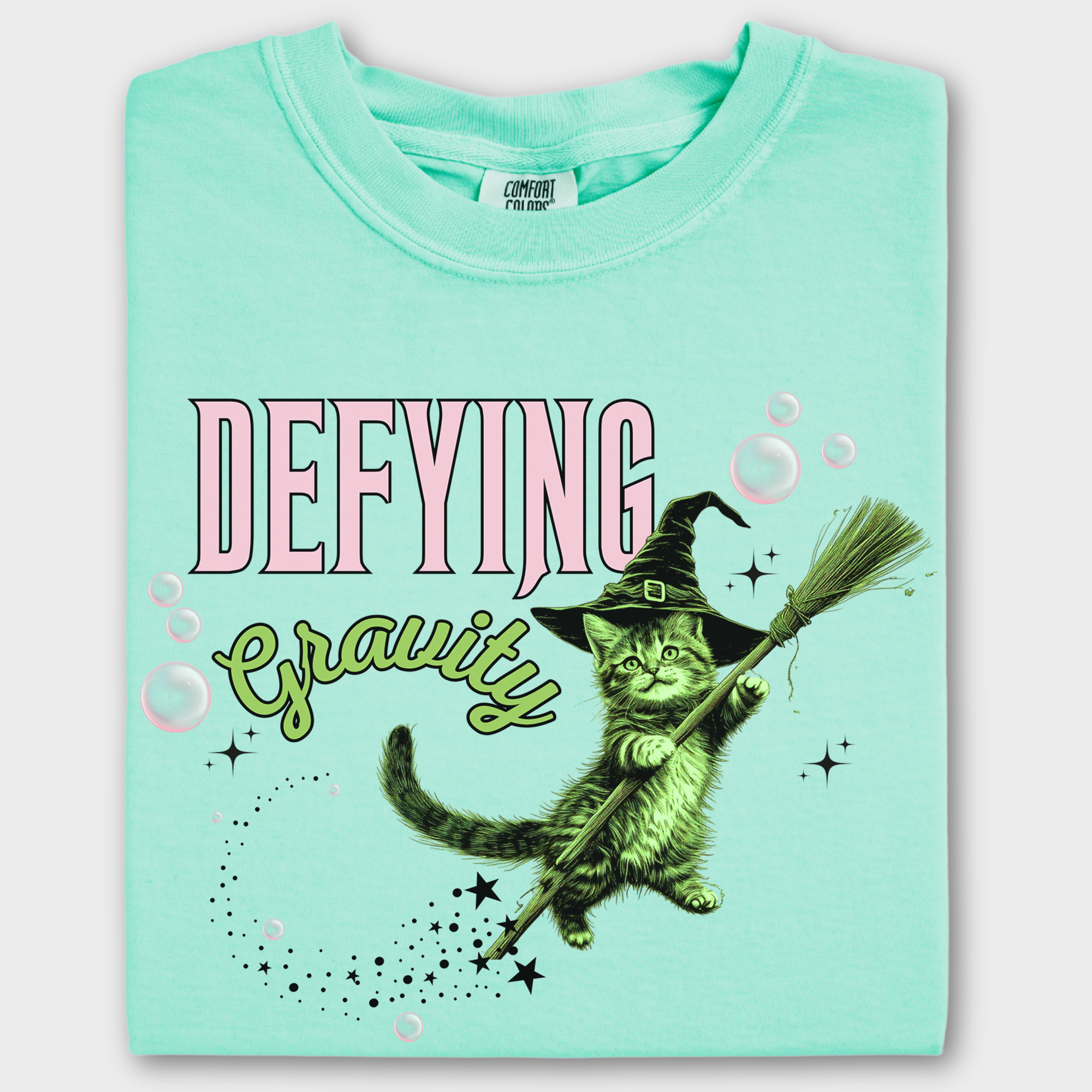 Retro Cute Cat Graphic Defying Gravity Wicked-Inspired T-Shirt in Island Reef-T-Shirt-Island Reef-Fetch N Found