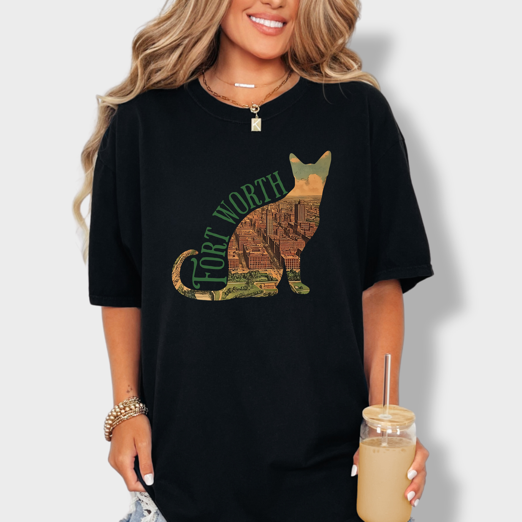Creative Fort Worth map T-shirt with a vintage satellite image of Fort Worth, TX, shaped within a striking cat silhouette.