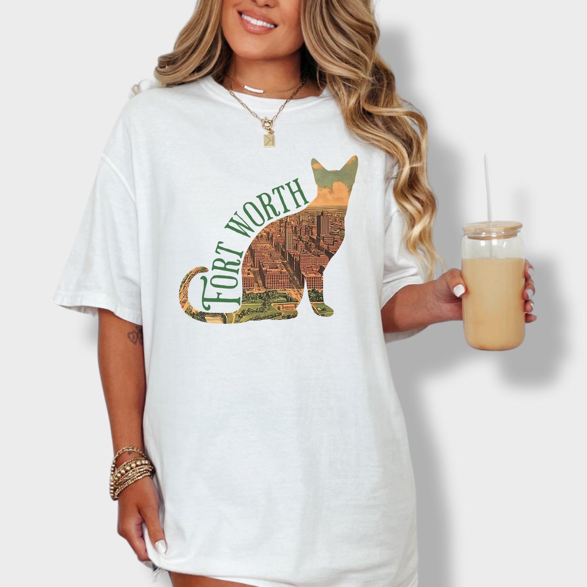 Retro-inspired cat lover’s T-shirt showcasing a detailed vintage map of Fort Worth, TX, shaped like a feline silhouette.