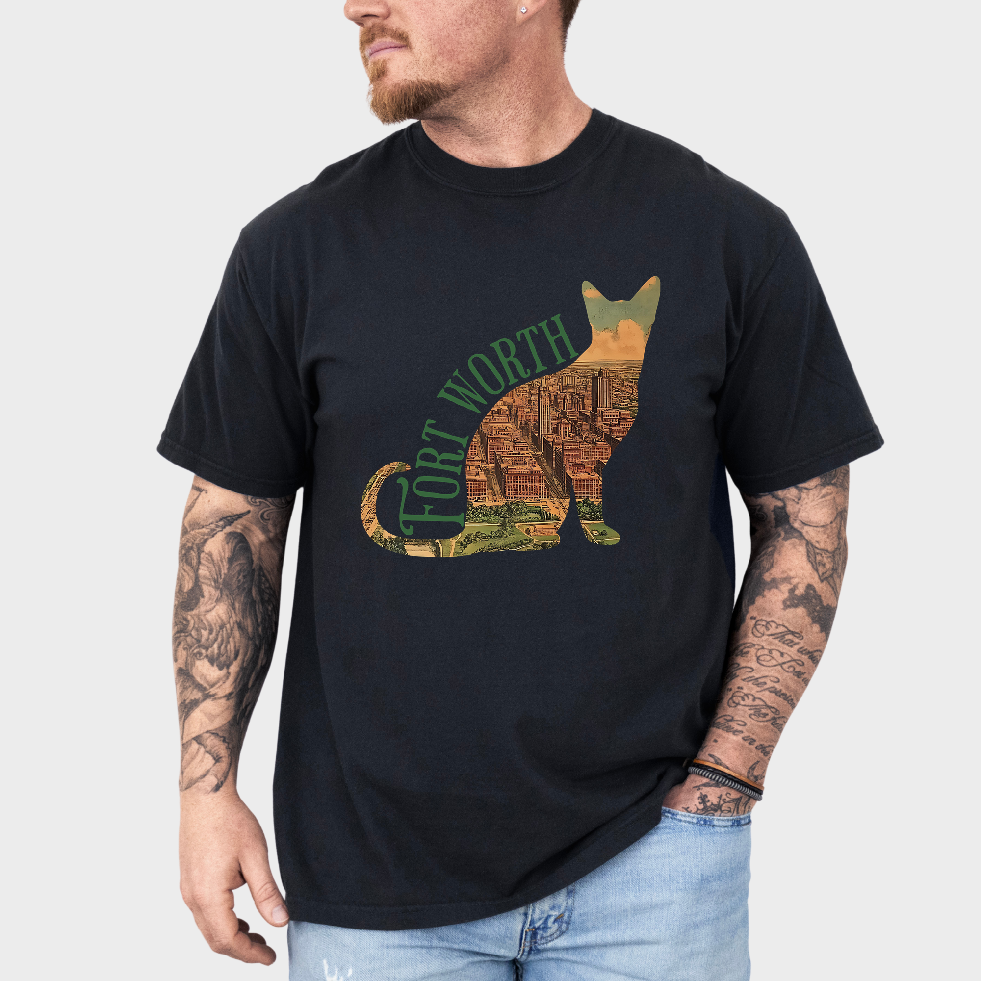 Artistic Fort Worth-themed T-shirt with a satellite map of Texas’ urban center bordered by a cat outline, perfect for cat lovers and city dwellers.