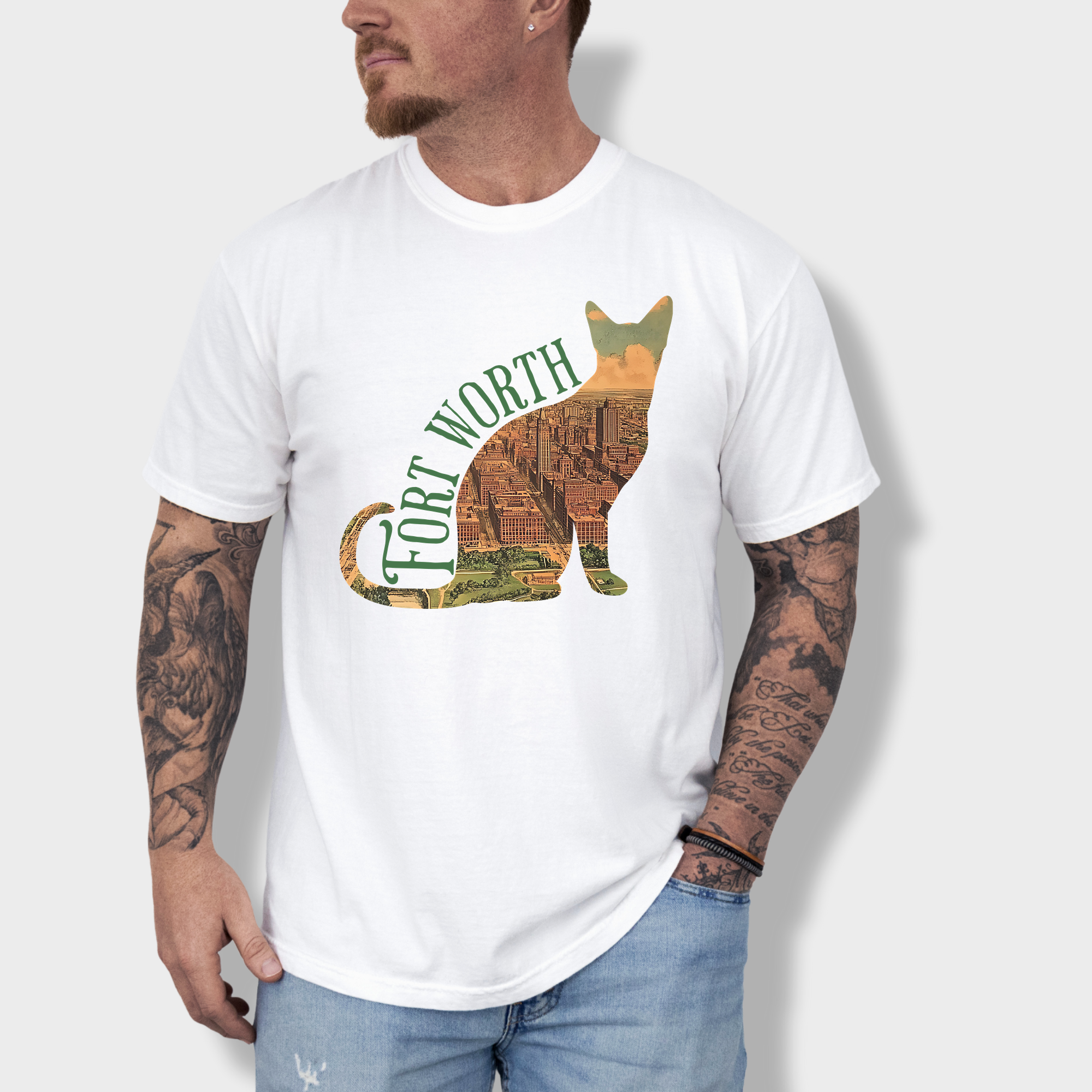 Artistic Fort Worth-themed T-shirt with a satellite map of Texas’ urban center bordered by a cat outline, perfect for cat lovers and city dwellers.