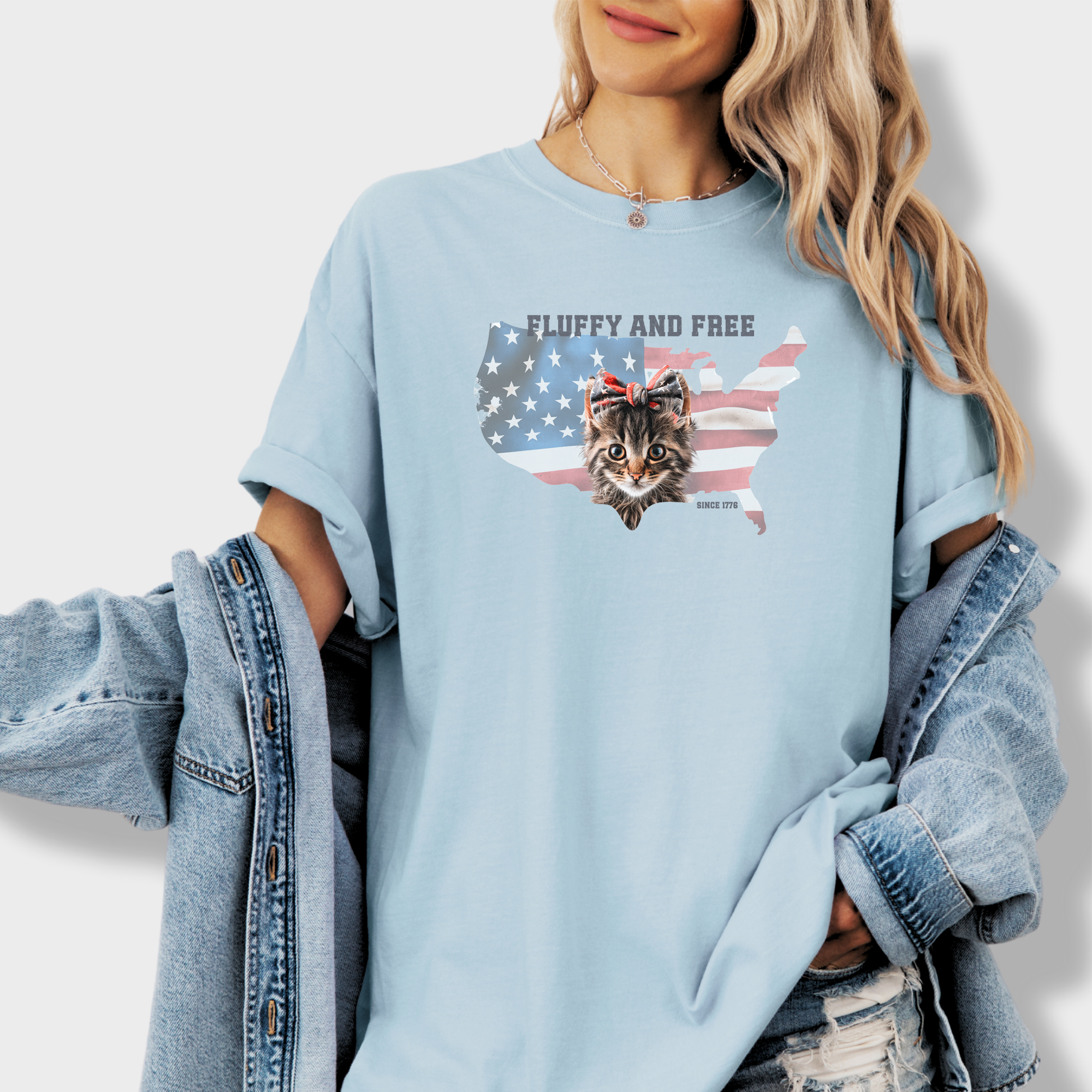 Retro Fluffy and Free Fourth of July Kitty Cat Graphic Comfort Colors T-Shirt in Chambray