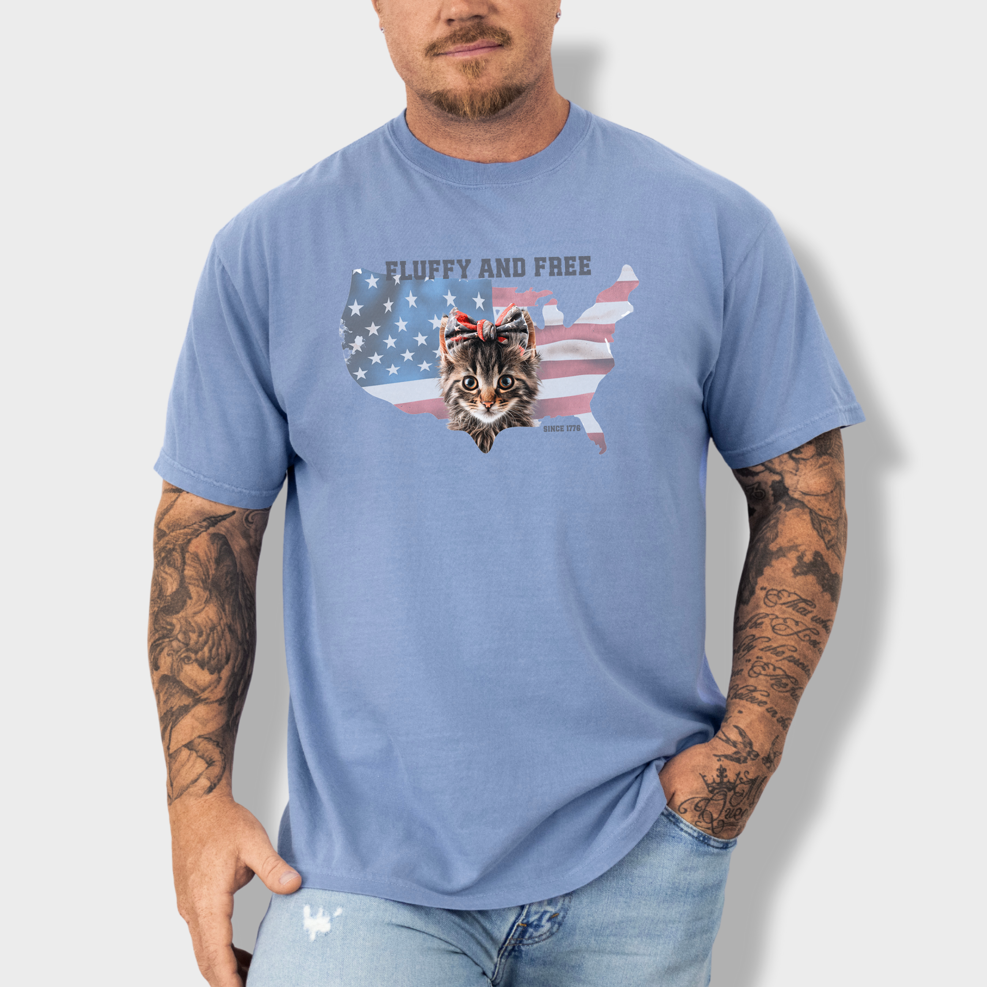 Retro Fluffy and Free Fourth of July Kitty Cat Graphic Comfort Colors T-Shirt in Washed Denim