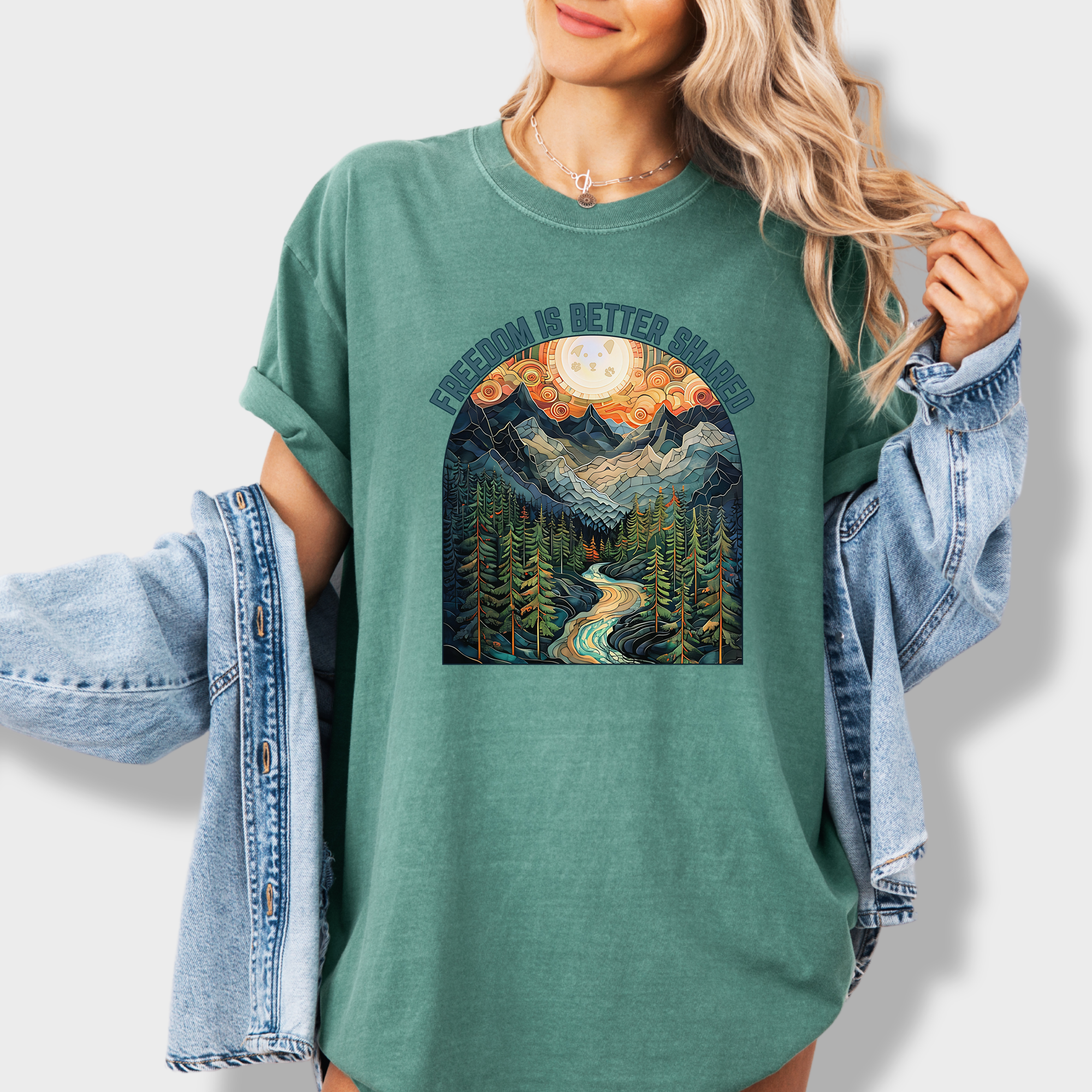 Artistic Mountain Freedom Is Better Shared Stained Glass Version Dog Graphic Comfort Colors T-Shirt in Light Green-Fetch N Found