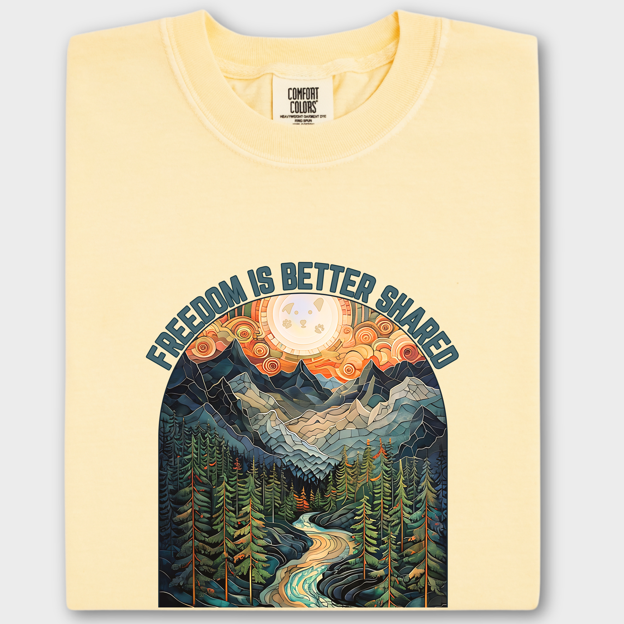 Artistic Mountain Freedom Is Better Shared Stained Glass Version Dog Graphic Comfort Colors T-Shirt in Butter-Fetch N Found