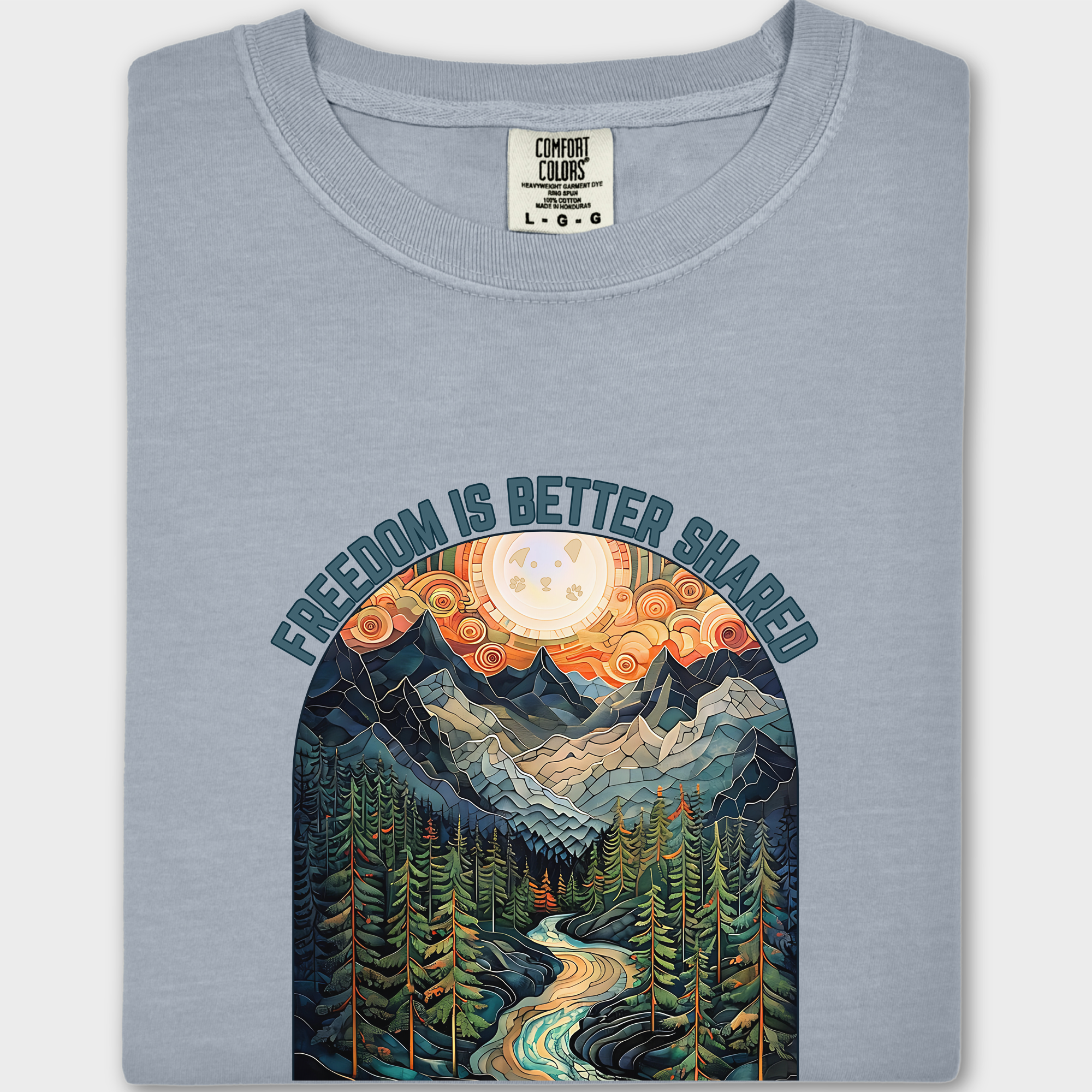 Artistic Mountain Freedom Is Better Shared Stained Glass Version Dog Graphic Comfort Colors T-Shirt in Granite-Fetch N Found
