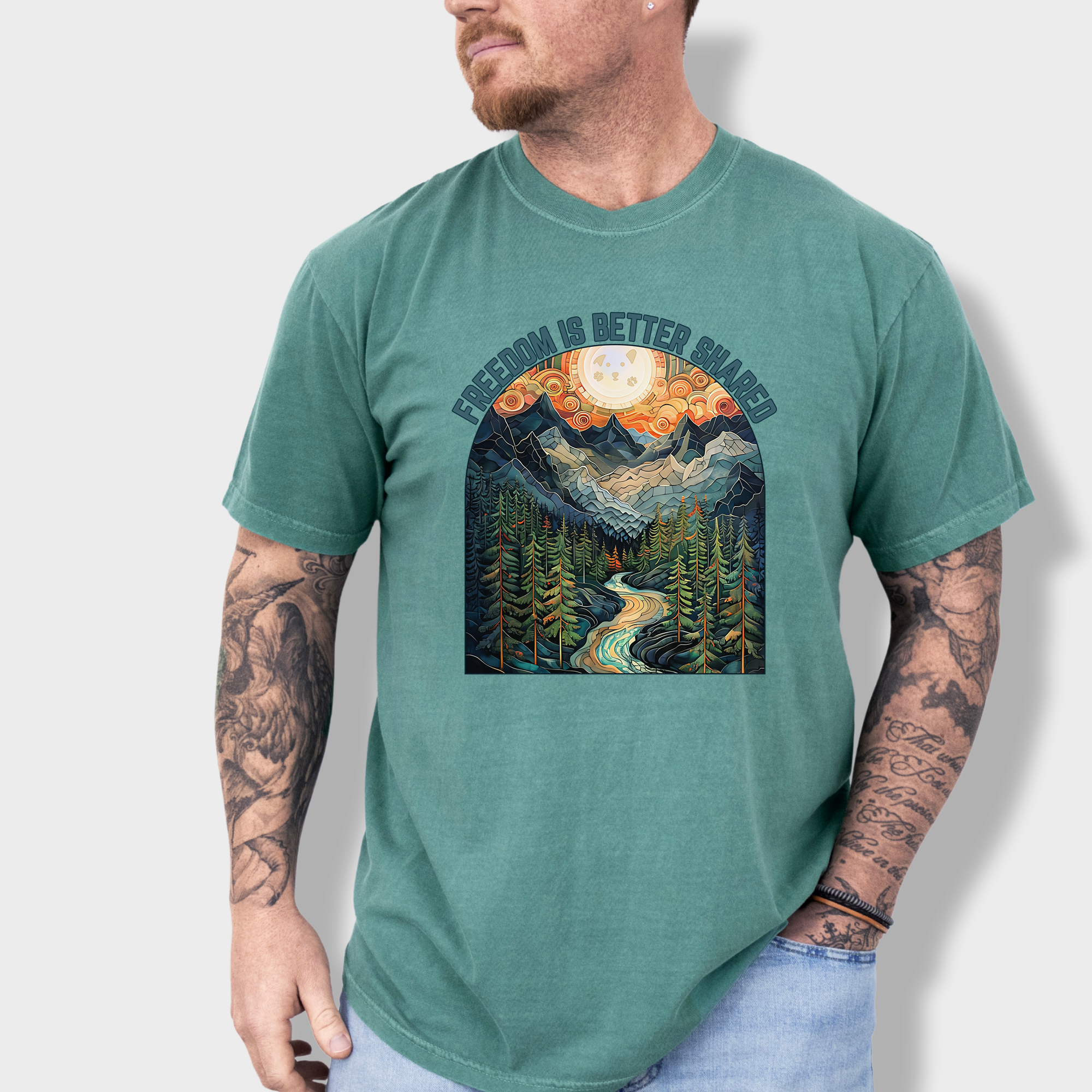 Artistic Mountain Freedom Is Better Shared Stained Glass Version Dog Graphic Comfort Colors T-Shirt in Light Green-Fetch N Found