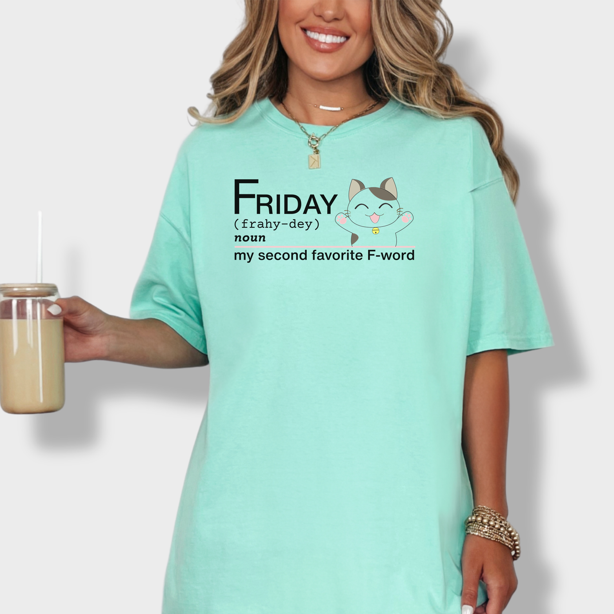 Artistic Friday Second Favorite F-Word Cat Text Comfort Colors T-Shirt in Island Reef-Fetch N Found