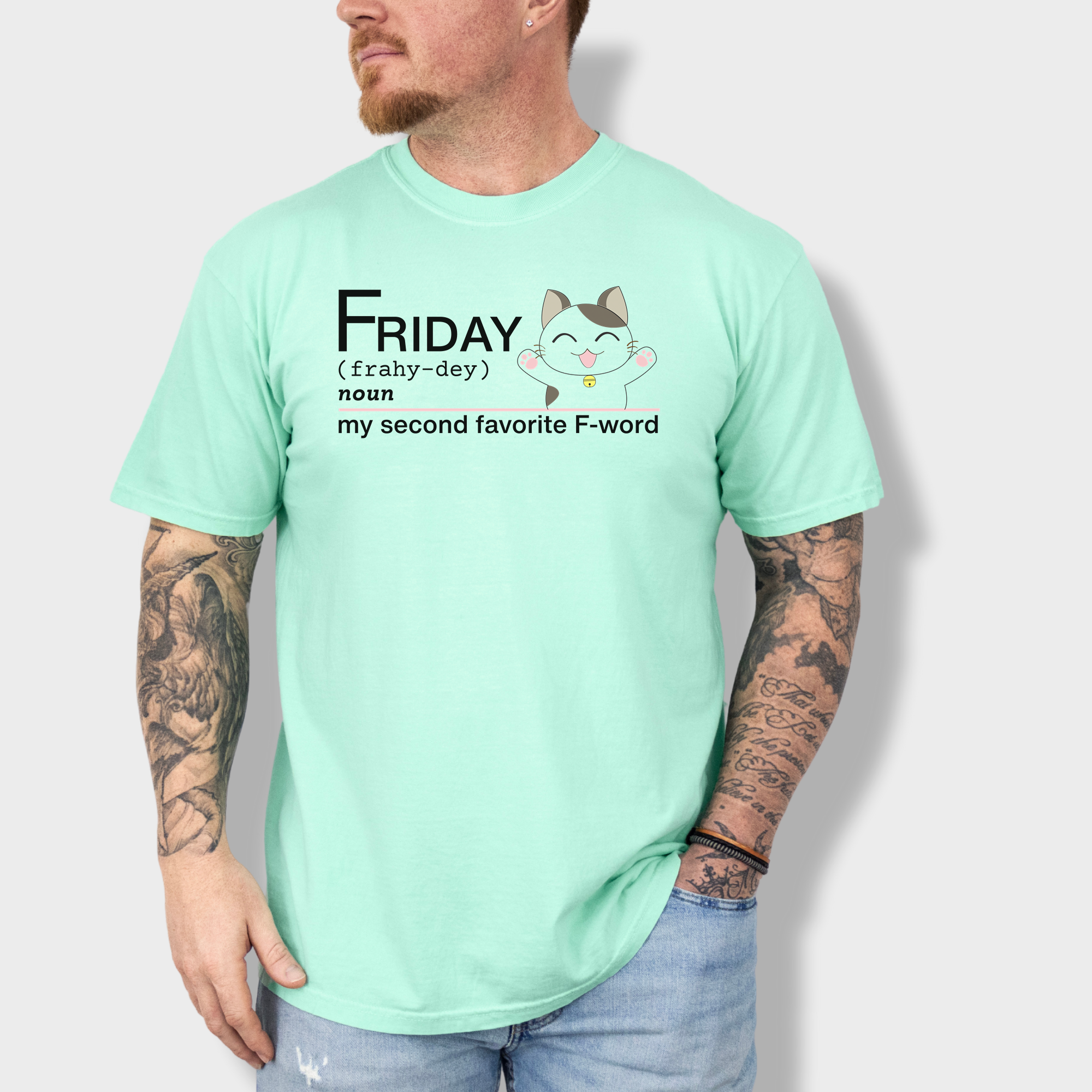 Artistic Friday Second Favorite F-Word Cat Text Comfort Colors T-Shirt in Island Reef-Fetch N Found