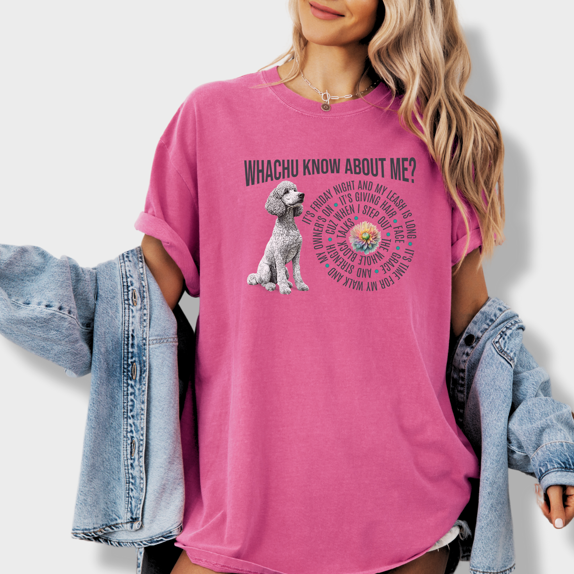 Soft cotton tee featuring a stylish white poodle, floral accents, and reimagined lyrics that celebrate dog lovers and hip-hop culture.