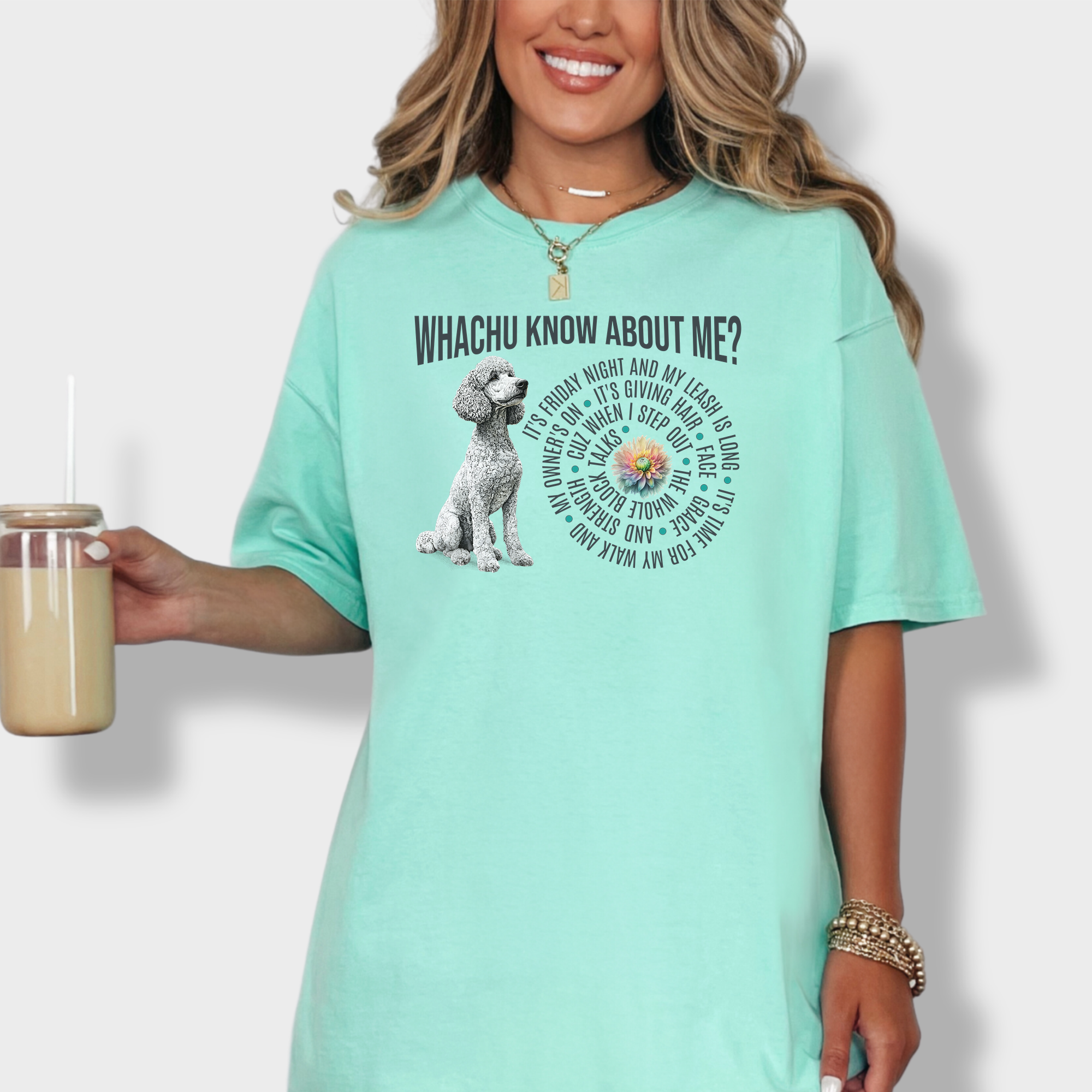 Unique dog-themed graphic tee featuring a white standard poodle and custom lyrics, merging pet love and music-inspired fashion.