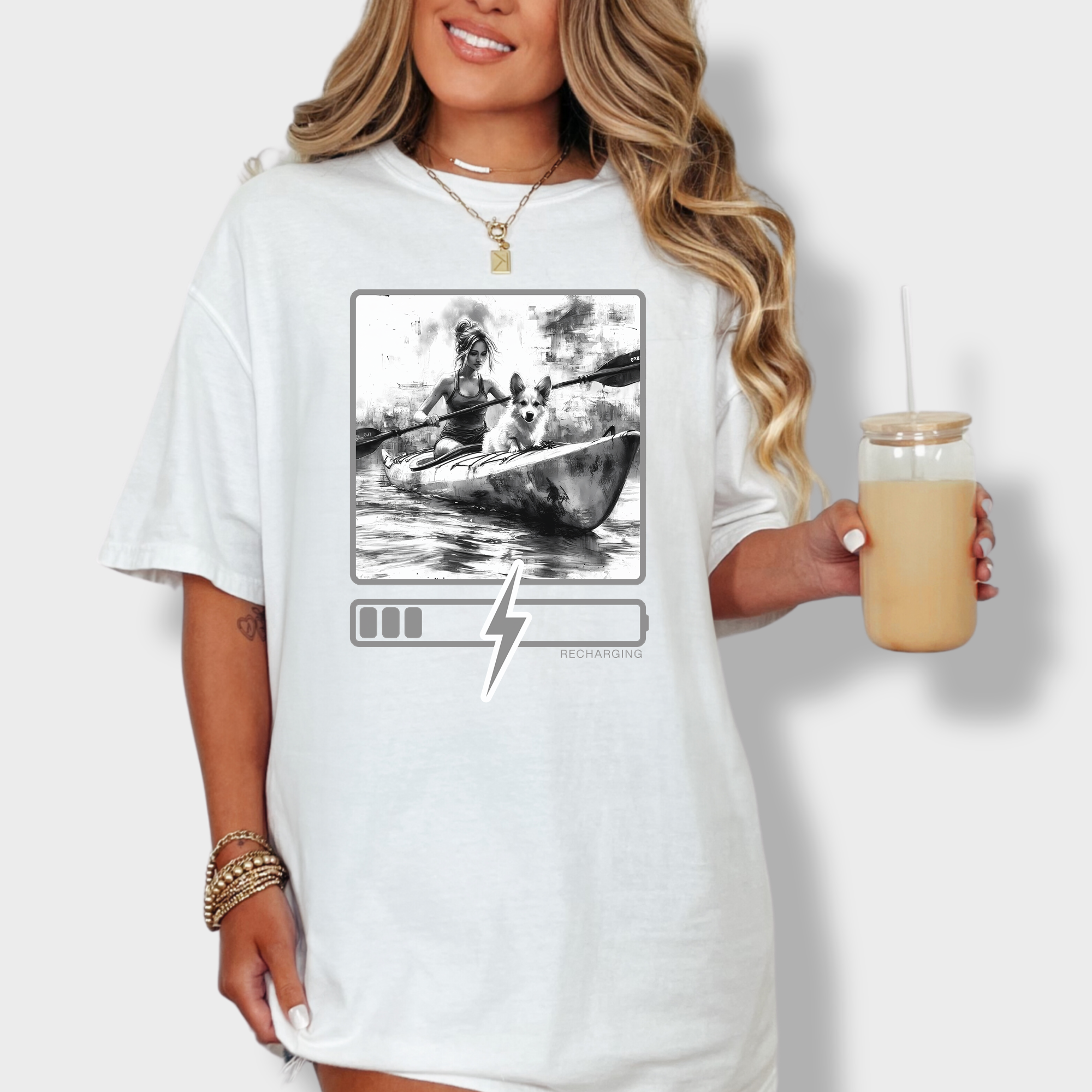 Artistic Recharging Dog Graphic Comfort Colors T-Shirt in White-Fetch N Found