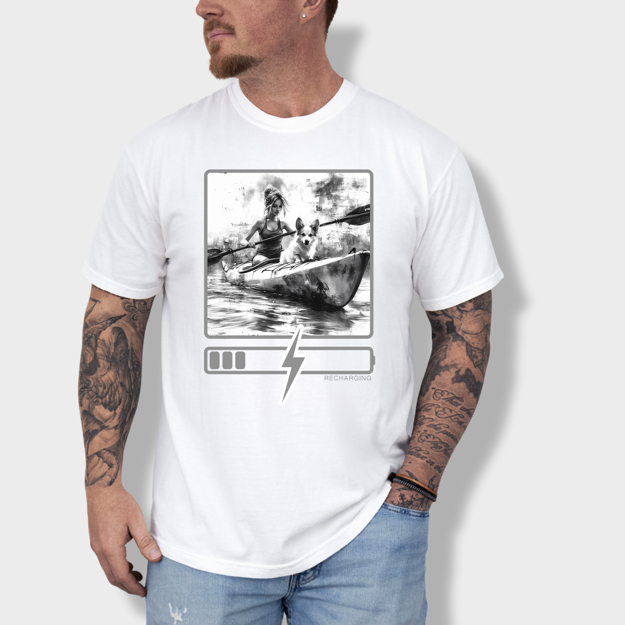 Artistic Recharging Dog Graphic Comfort Colors T-Shirt in White-Fetch N Found