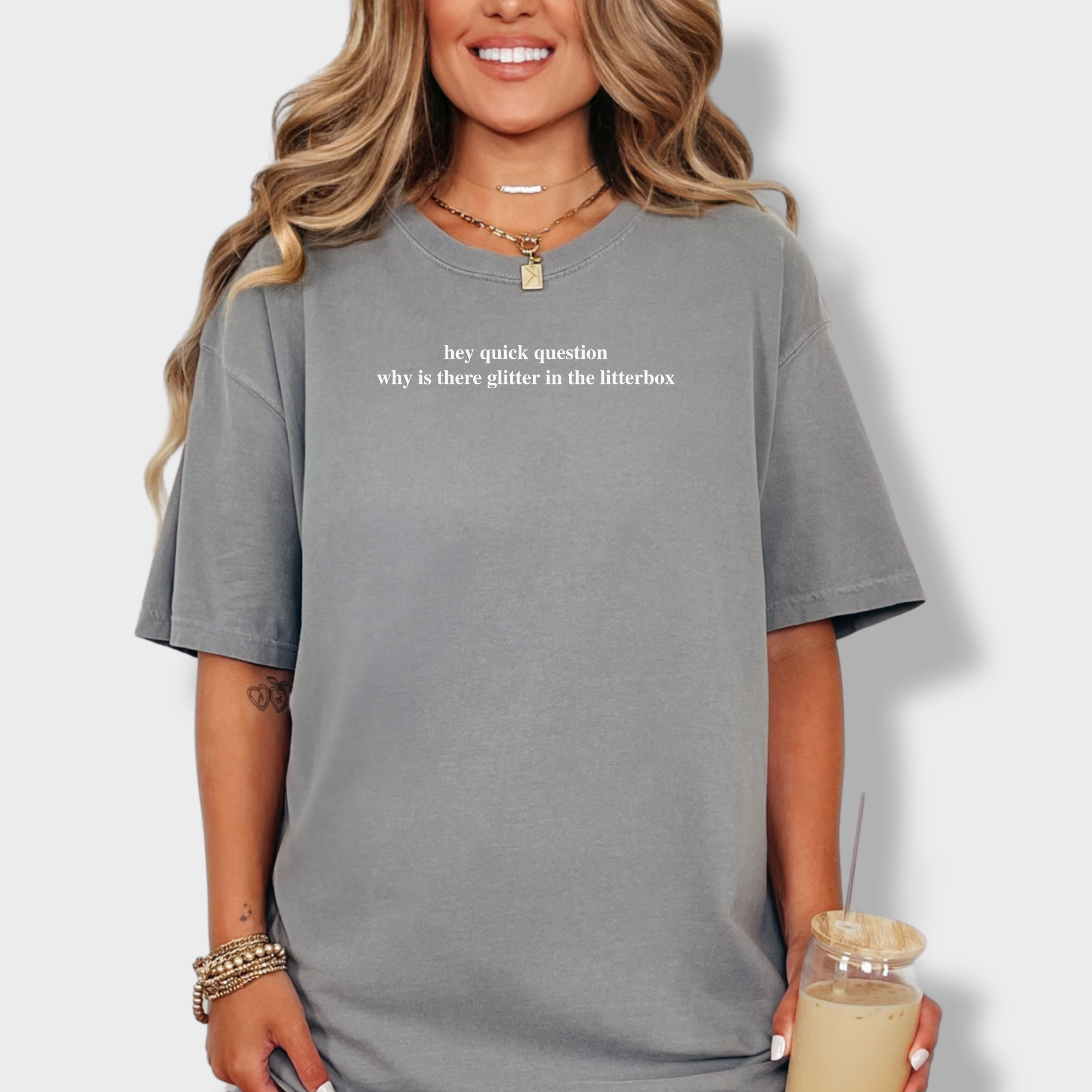 Modern Hey quick question GLITTER Pet Text Comfort Colors T-Shirt in Grey-Fetch N Found
