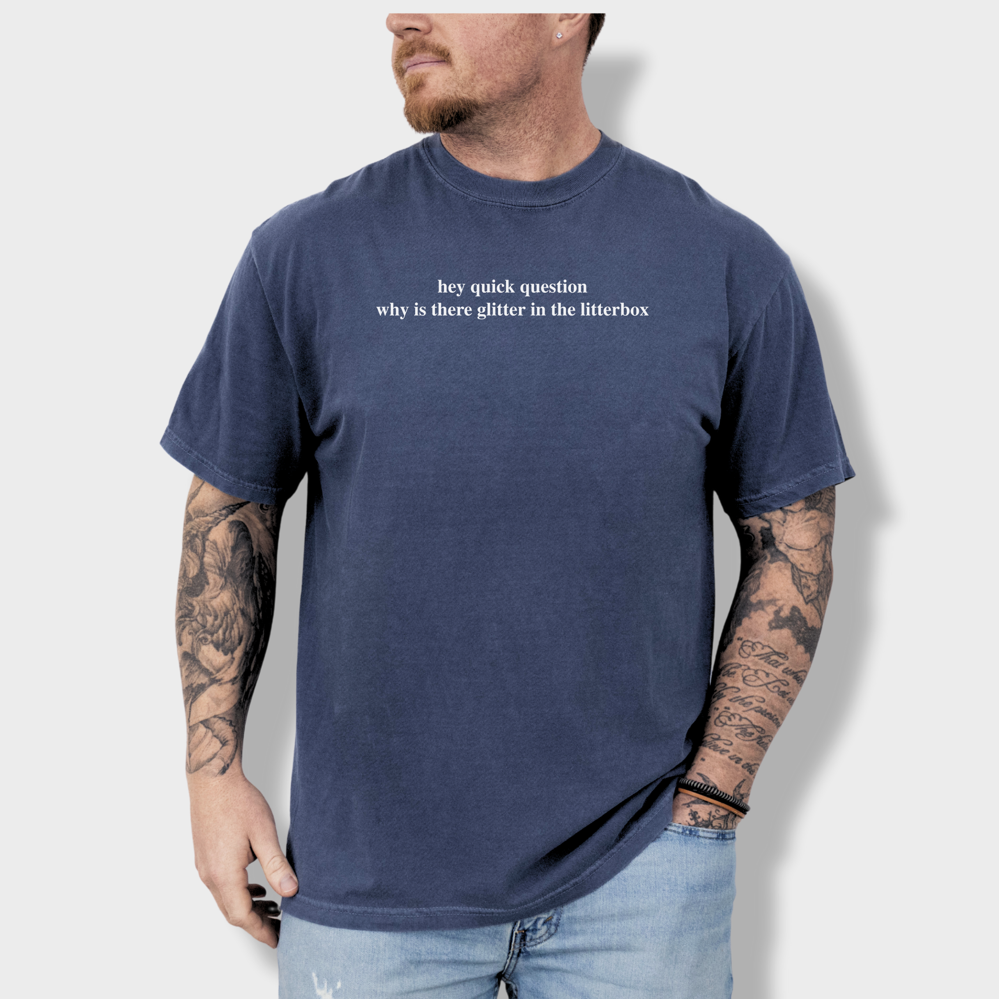 Modern Hey quick question GLITTER Pet Text Comfort Colors T-Shirt in Denim-Fetch N Found