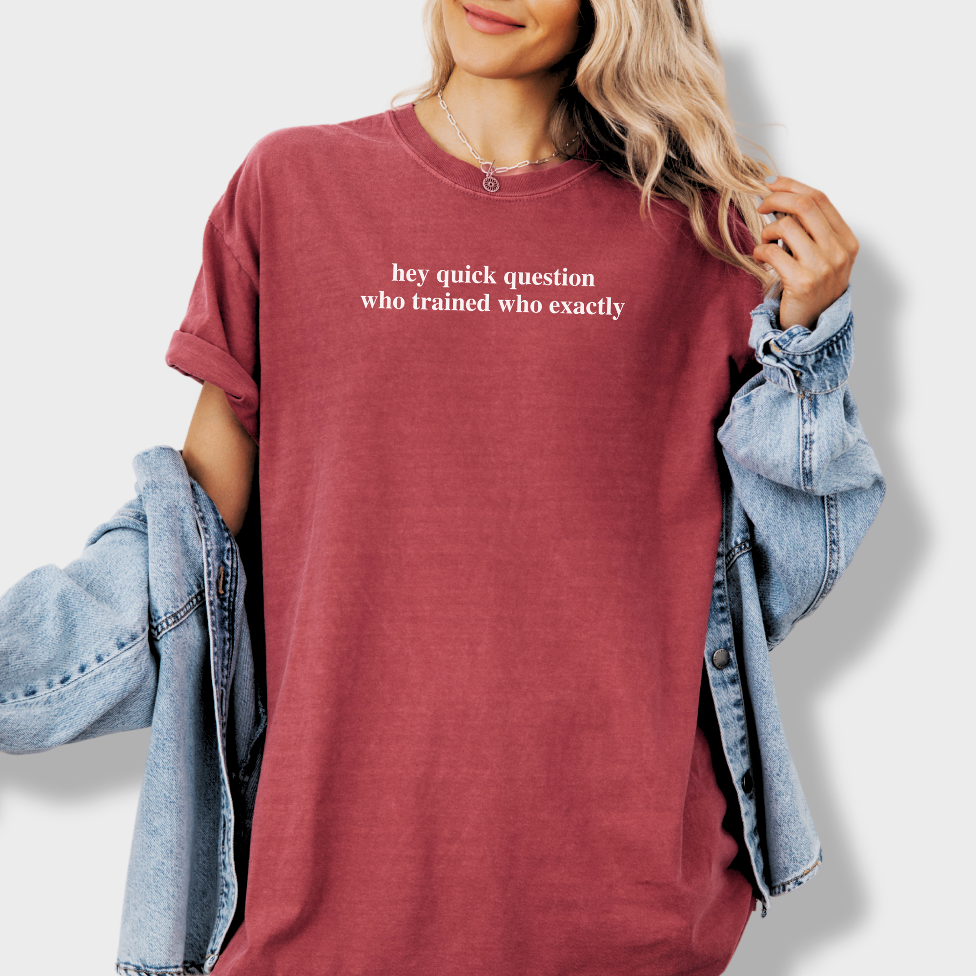 Modern Hey quick question TRAINING Pet Text Comfort Colors T-Shirt in Crimson-Fetch N Found