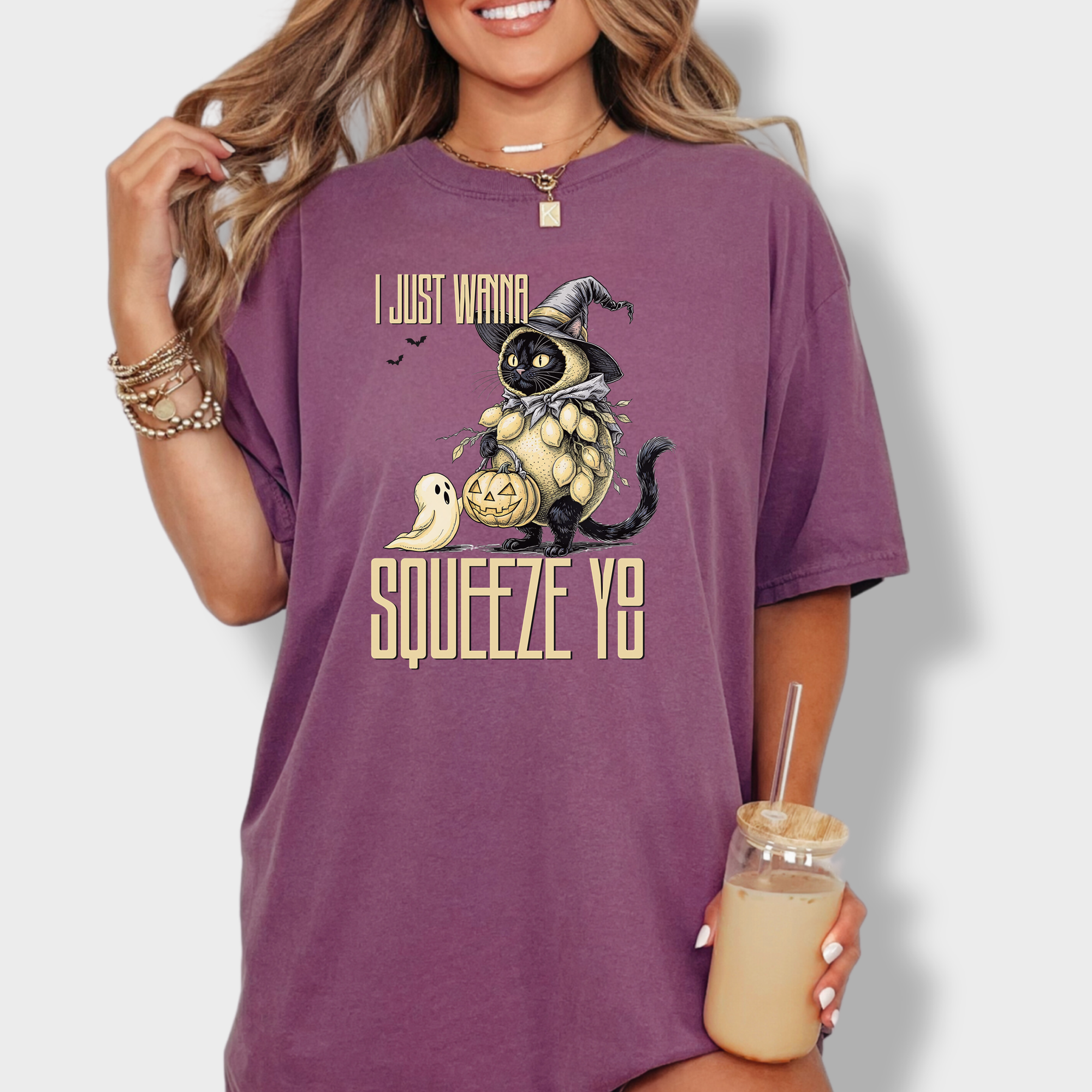 Line Art I Just Wanna Squeeze You Lemon Trick-or-Treater Cat Graphic Comfort Colors T-Shirt in Berry-T-Shirt-Berry-Fetch N Found