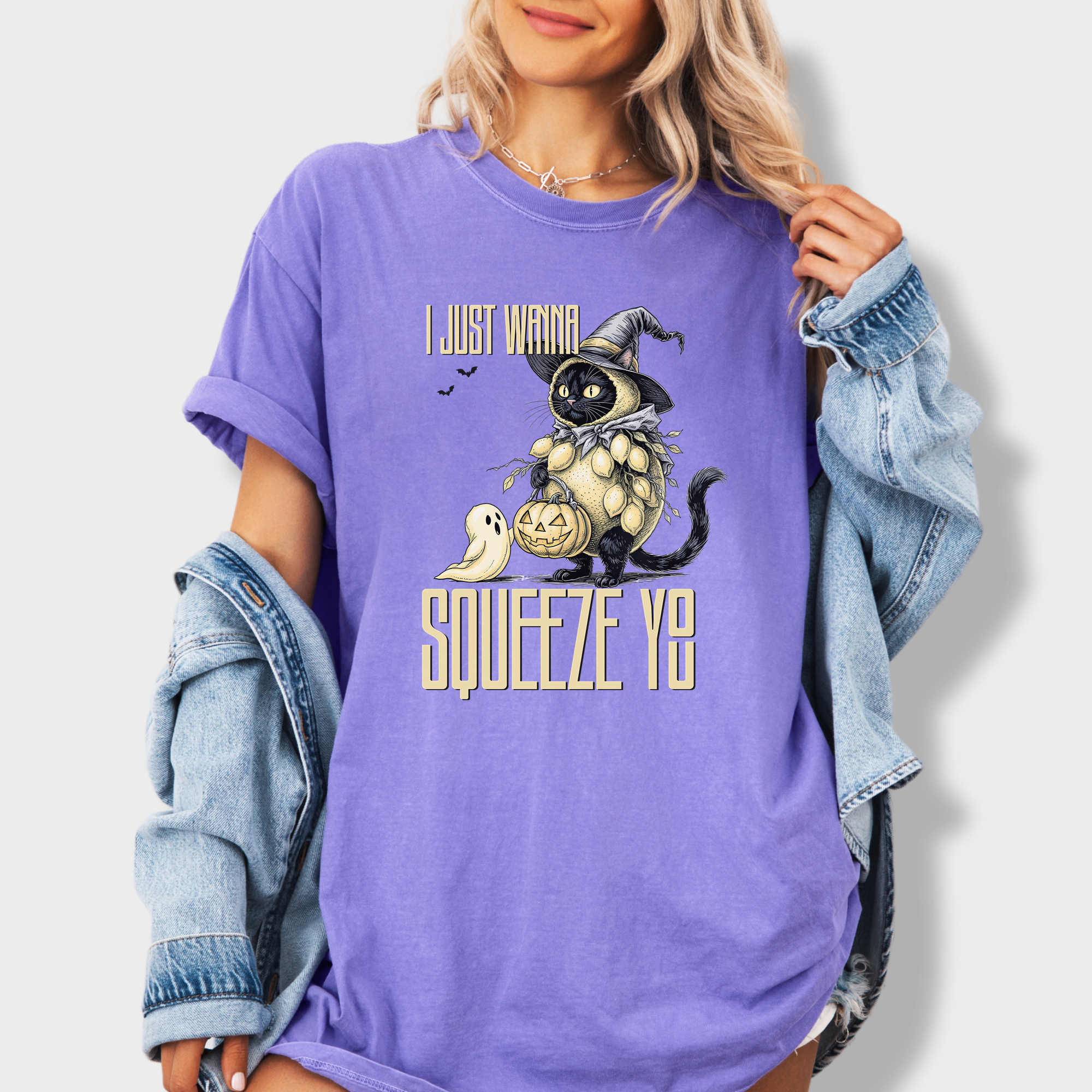 Line Art I Just Wanna Squeeze You Lemon Trick-or-Treater Cat Graphic Comfort Colors T-Shirt in Violet-T-Shirt-Violet-Fetch N Found