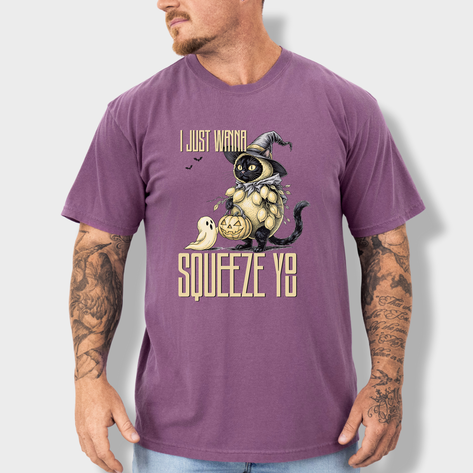 Line Art I Just Wanna Squeeze You Lemon Trick-or-Treater Cat Graphic Comfort Colors T-Shirt in Berry-T-Shirt-Berry-Fetch N Found