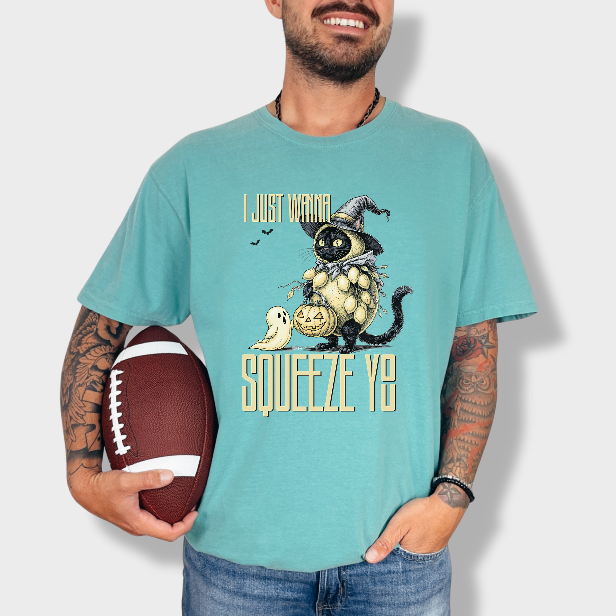 Line Art I Just Wanna Squeeze You Lemon Trick-or-Treater Cat Graphic Comfort Colors T-Shirt in Seafoam-T-Shirt-Seafoam-Fetch N Found