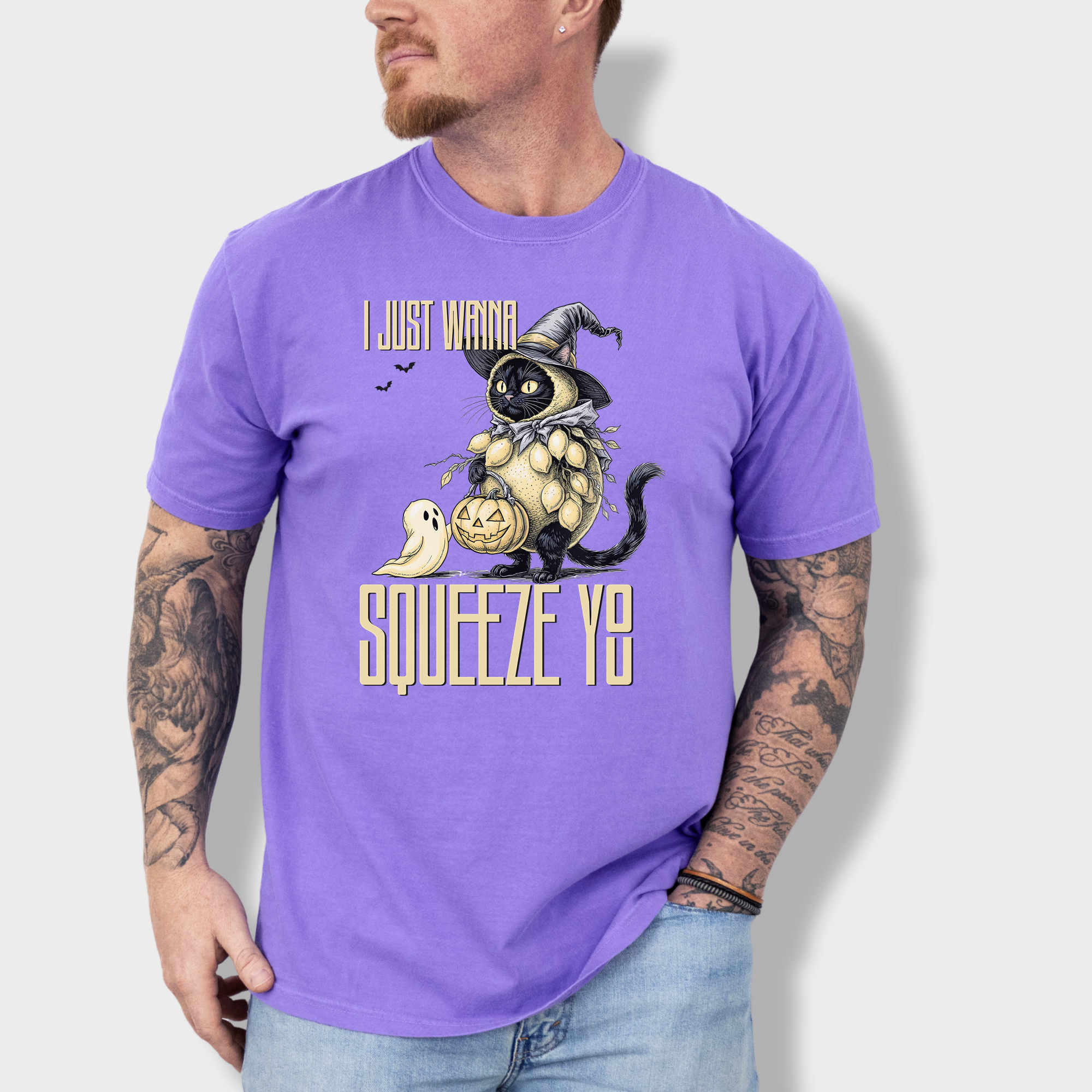 Line Art I Just Wanna Squeeze You Lemon Trick-or-Treater Cat Graphic Comfort Colors T-Shirt in Violet-T-Shirt-Violet-Fetch N Found